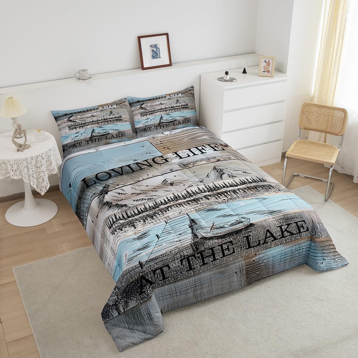 Erosebridal Lake House Queen Size Comforter Set, Rustic Farmhouse Bedding Set for Kids Boys Teens Adult Women, Wooden Bridge Blue Grey Duvet Sets Mountain Barn Door Duvet Insert Gift for Lake Lover image 4