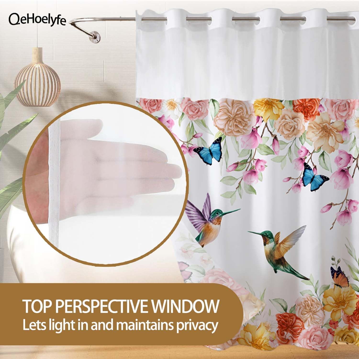 Floral Hummingbird No Hook Shower Curtain with Snap in Liner, Spring Flowers Butterflies Curtains for Bathroom, Fabric Inner, Watercolor Plants Bath Decorative, Machine Washable, 71 x 74