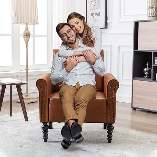 Miniatura 2 de TTGIEET Silla decorativa de piel sintética con brazos para sala de estar, sillón tapizado moderno con patas de madera maciza para sofá individual,