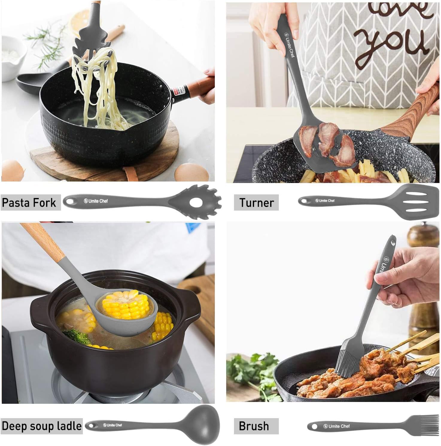 Silicone Kitchen Cooking Utensil Set, Umite Chef 12PCS Kitchen Utensils Spatula Set with Holder for Nonstick Cookware, BPA Free Non Toxic Cooking Gadgets Utensils Set, Kitchen Tools Gift(Gray)