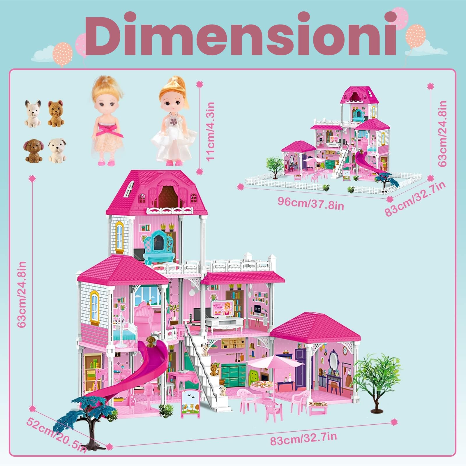 deAO Case per bambole e giocattoli con mobili, accessori e scivolo, villa da sogno e altro, Grandi case delle DIY bambole Set di gioco per ore di divertimento, perfetti giocattoli per bambini