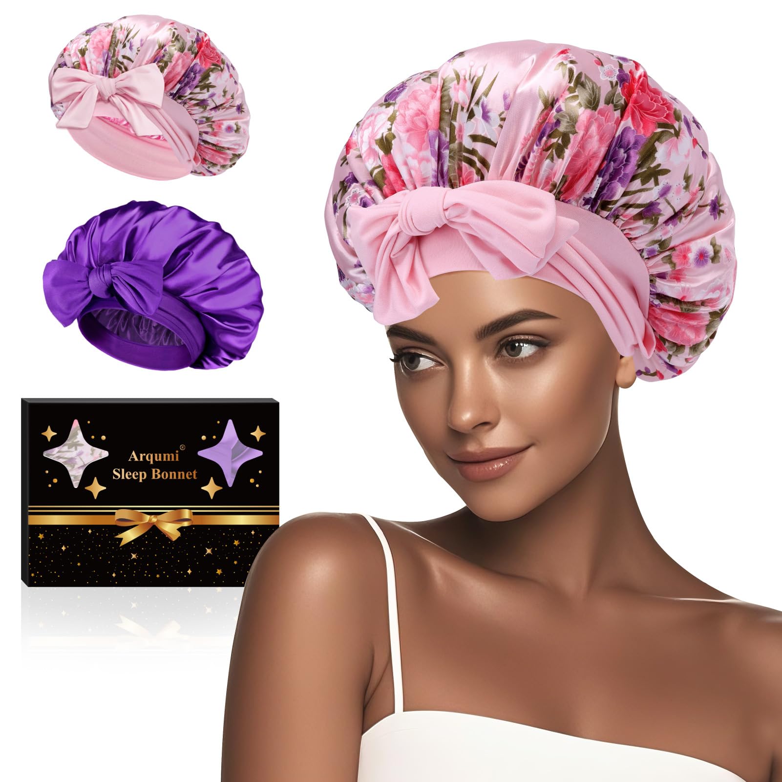 Arqumi 2 Pcs Satin Silk Bonnet for Sleeping Women, Long Strap Tie Band Adjustable Sleep Night Cap Curly Hair Bonnet Wrap for Braids Mother's Day Girls
