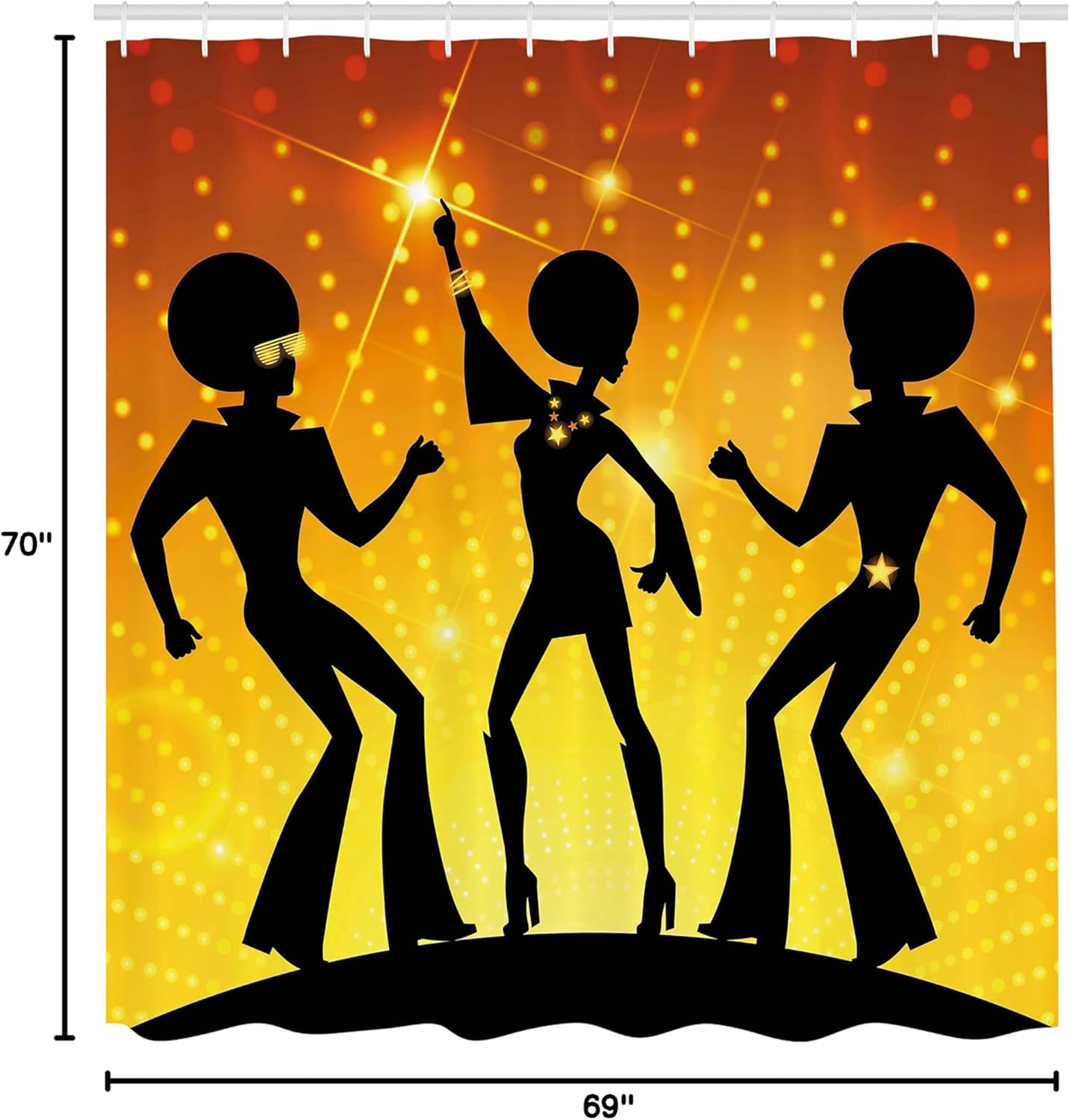 Ambesonne 70s Party Shower Curtain, Dancing People in Disco Night Club with Afro Hair Style Bokeh Backdrop, Cloth Fabric Bathroom Decor Set with Hooks, 69" W x 70" L, Orange Yellow Black