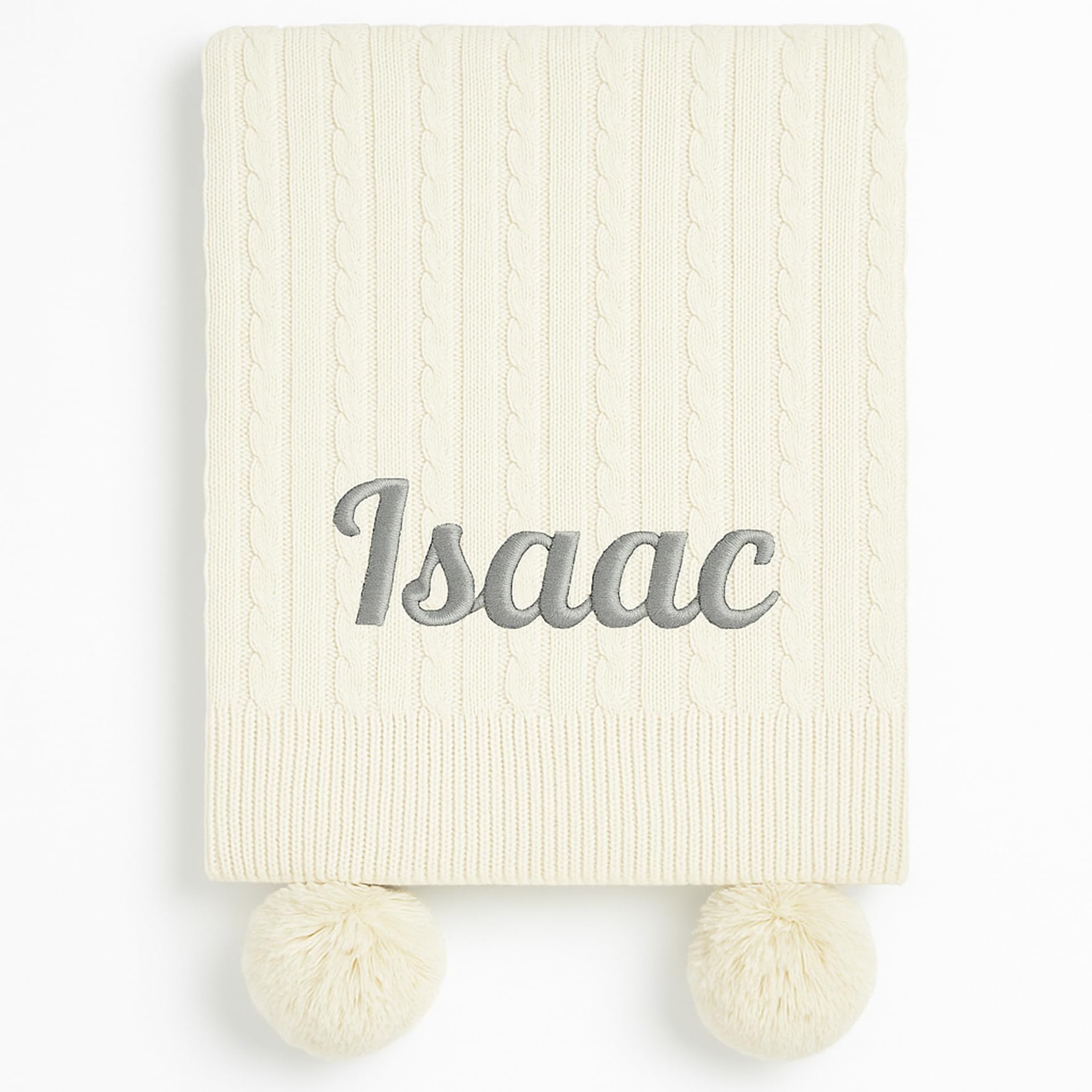 The Baby Box Uk Men's Cream Baby Boy Girl Personalised Cable Knit Pom Pom Blanket Embroidered Name (Cream)