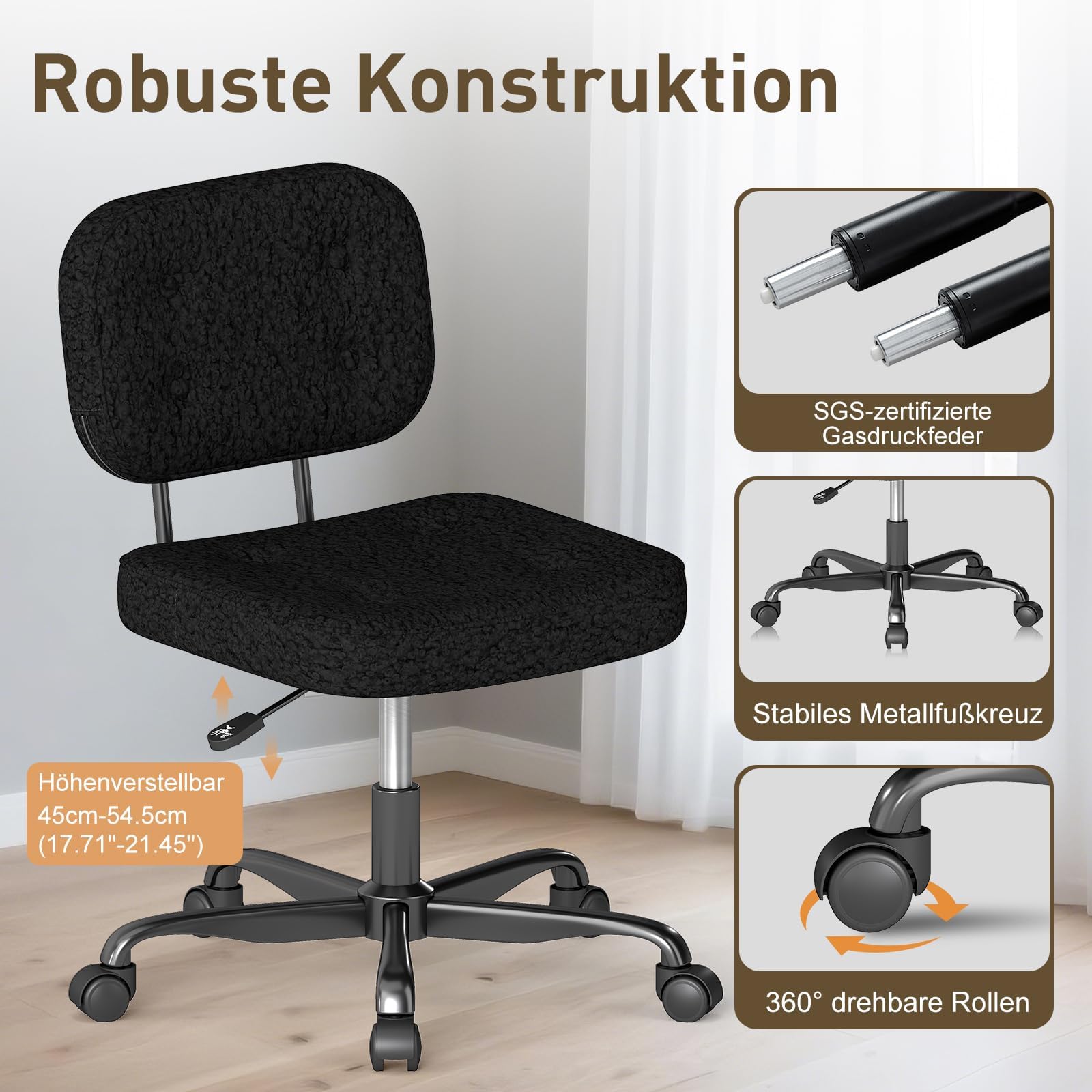 AnyGod Schreibtischstuhl ohne Armlehne, Kompakter Drehstuhl mit Rollen & Höhenverstellbar, Ergonomischer Computerstuhl für kleine Räume & Schminktisch, Teddy-Stoff Schwarz