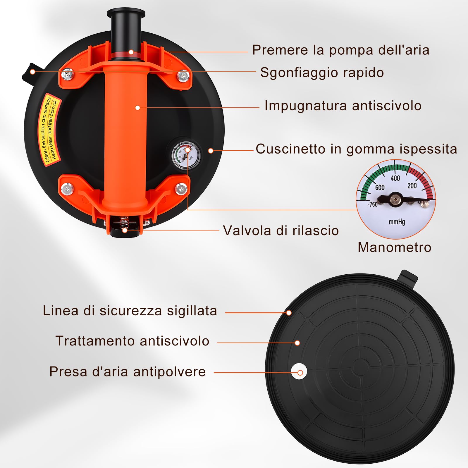 GuKKK 2 Ventose per Piastrelle con Manometro, Ventosa Sottovuoto, Diametro 200 mm con Scatola di Trasporto, Supporto Fino a 200 kg, Ideale per Piastrelle, Vetri, Parabrezza, Mobili