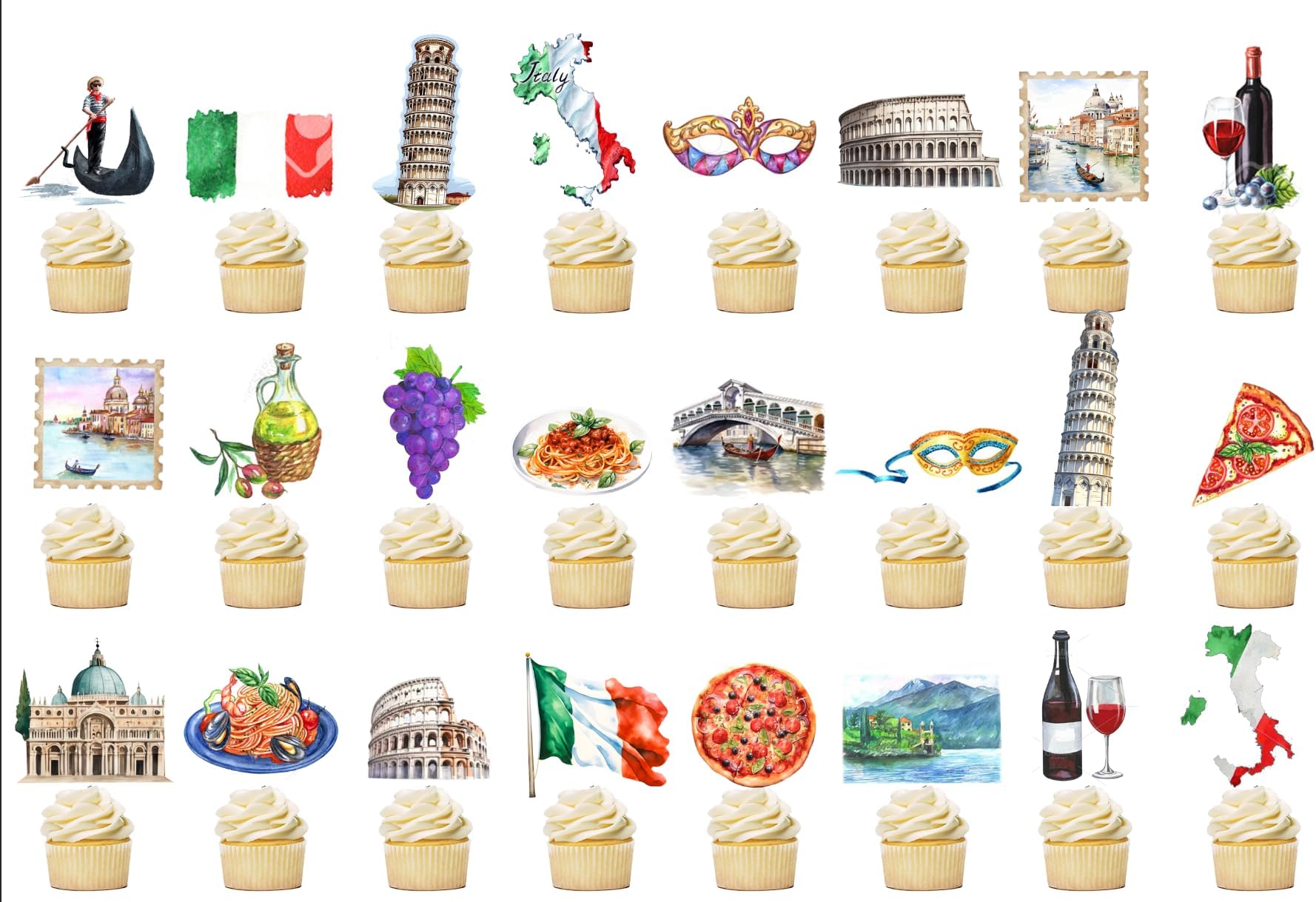 CANDY CHEFItalian Party Cupcake Toppers 48Pcs Italy Theme Birthday Cake Decorations Rome Colosseum Cupcake Sticks for Buon Comleanno Party Supplies