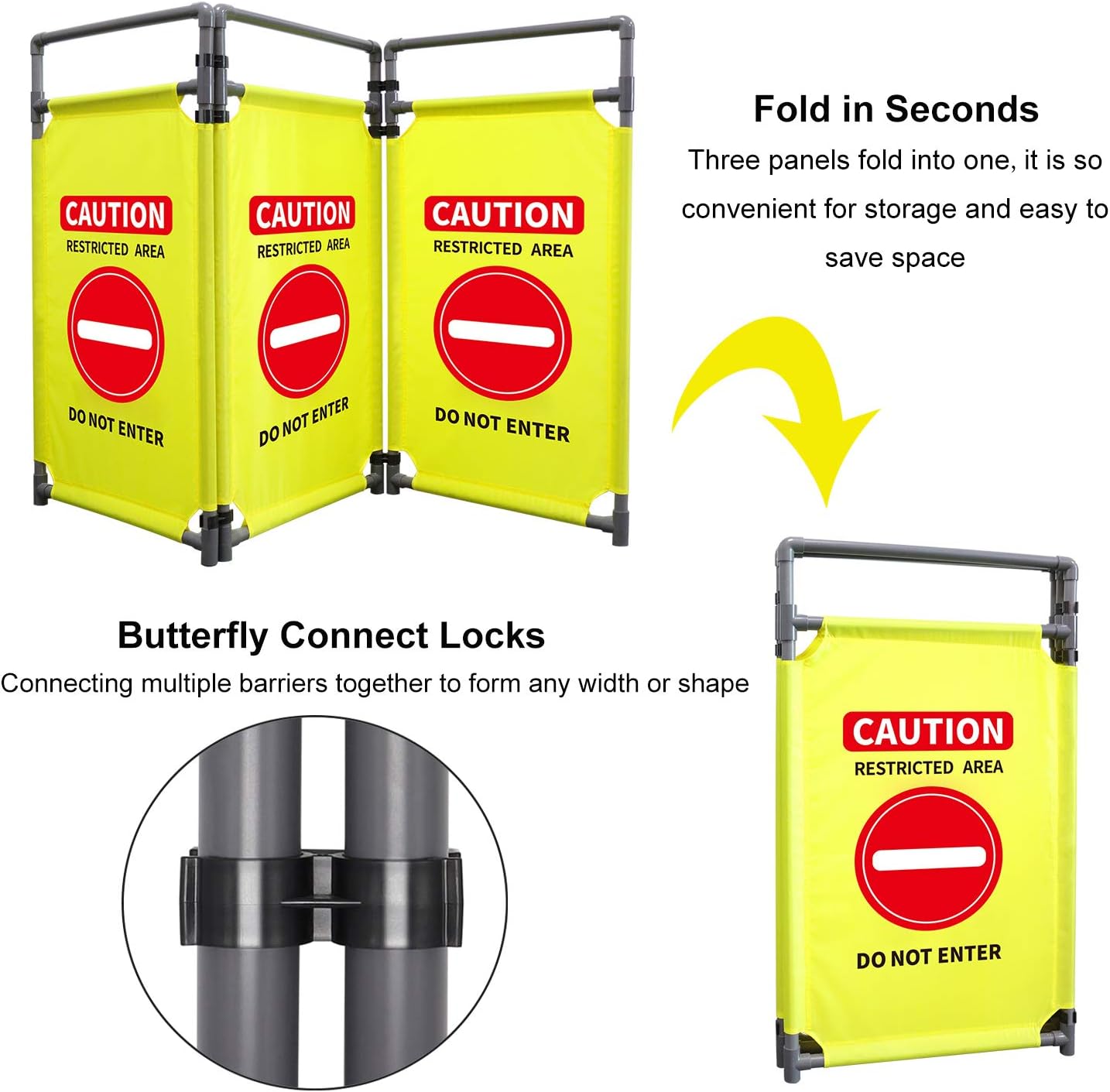 3 Panels Safety Barricade 5.8FT Foldable Security Sign Barrier Gate with Heavy Duty PVC Frame High Visibility Caution Symbol Crowd Control Restricted Area Pedestrian Barricade (Yellow-1)