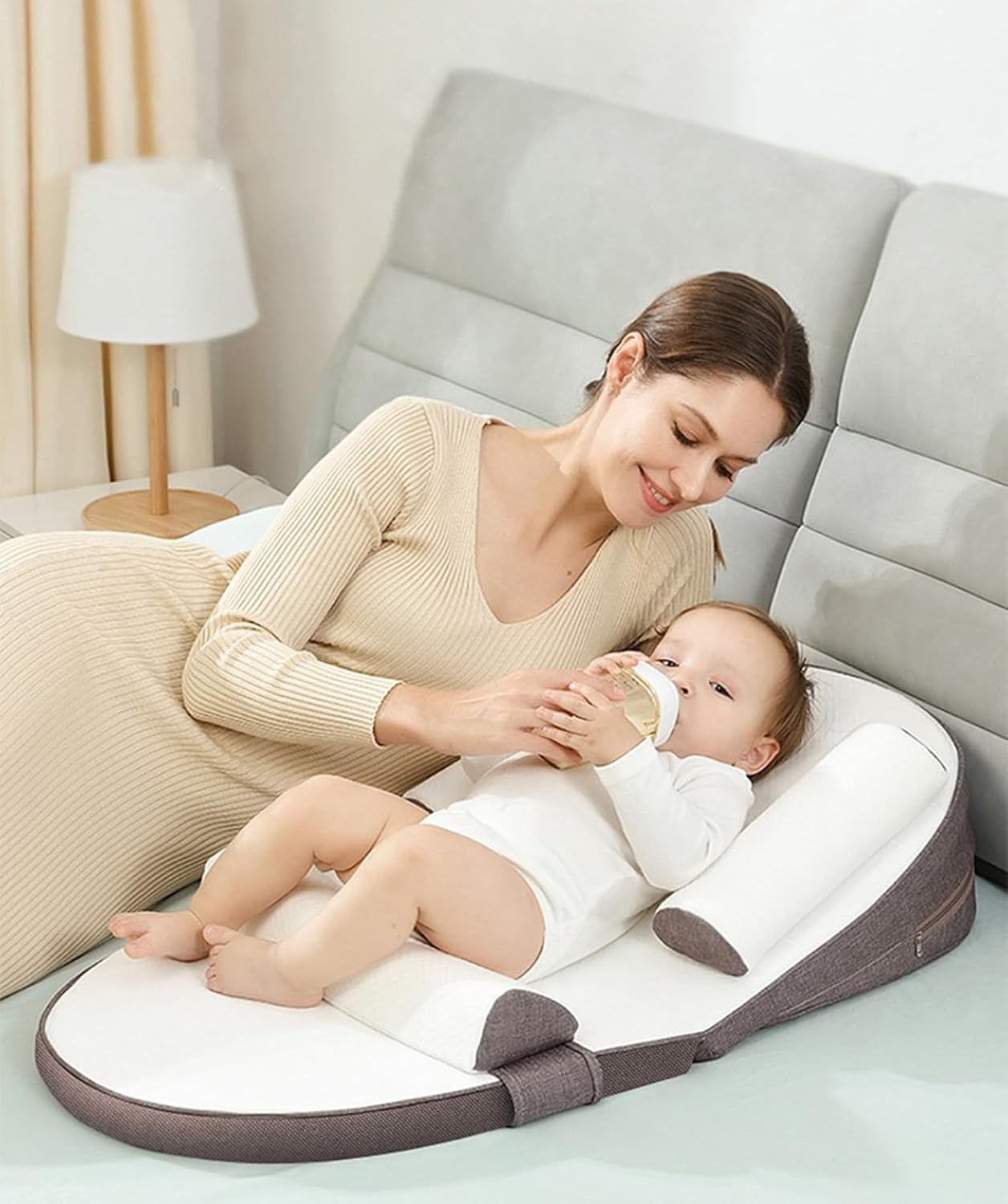 FALAHOM Baby Lounger, Infant Travel Bed, Sleeping Nest, Nursing Crib Wedge Sleep Pillow,Anti Reflux Pillow, 0-30° Height Adjustable Relieves Vomiting Milk, Intestinal Colic, Side Rails (Brown Light)