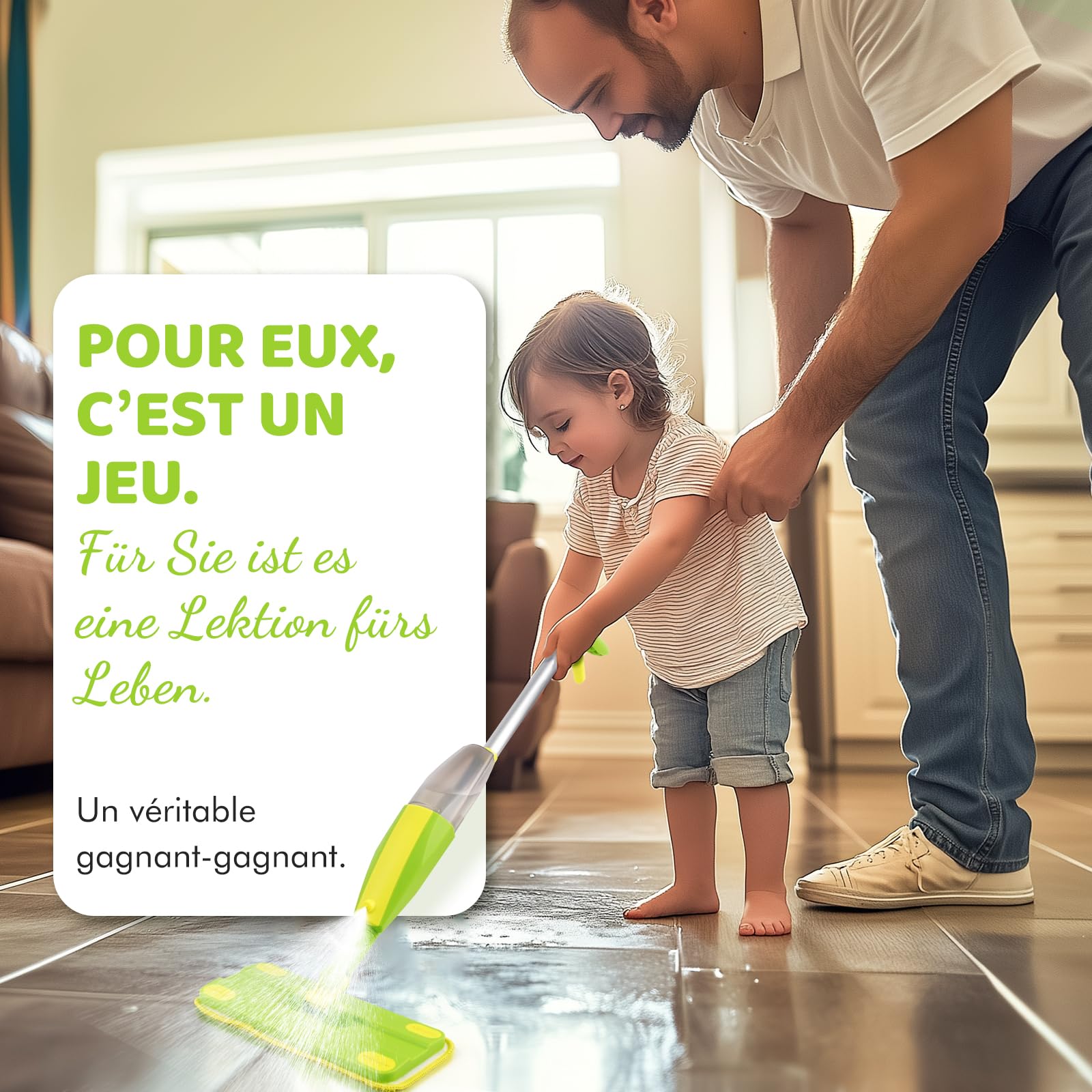 Balais Serpillère Jouet avec Vaporisateur Pour Enfants - Nettoyage Montessori avec Fonction de Pulvérisation Réelle et 2 Tampons Lavables I Kit Menage Enfant, Jouets d'imitation pour Enfants dès 3 Ans