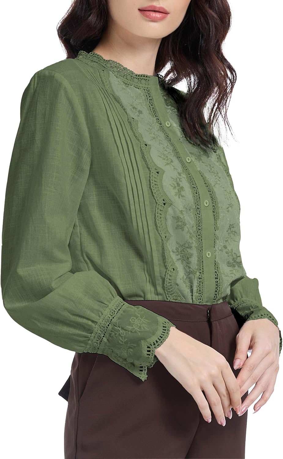 Womens Dressy Casual Lace Blouse Cotton Long Sleeve Button Up Shirts Tops - Image 2