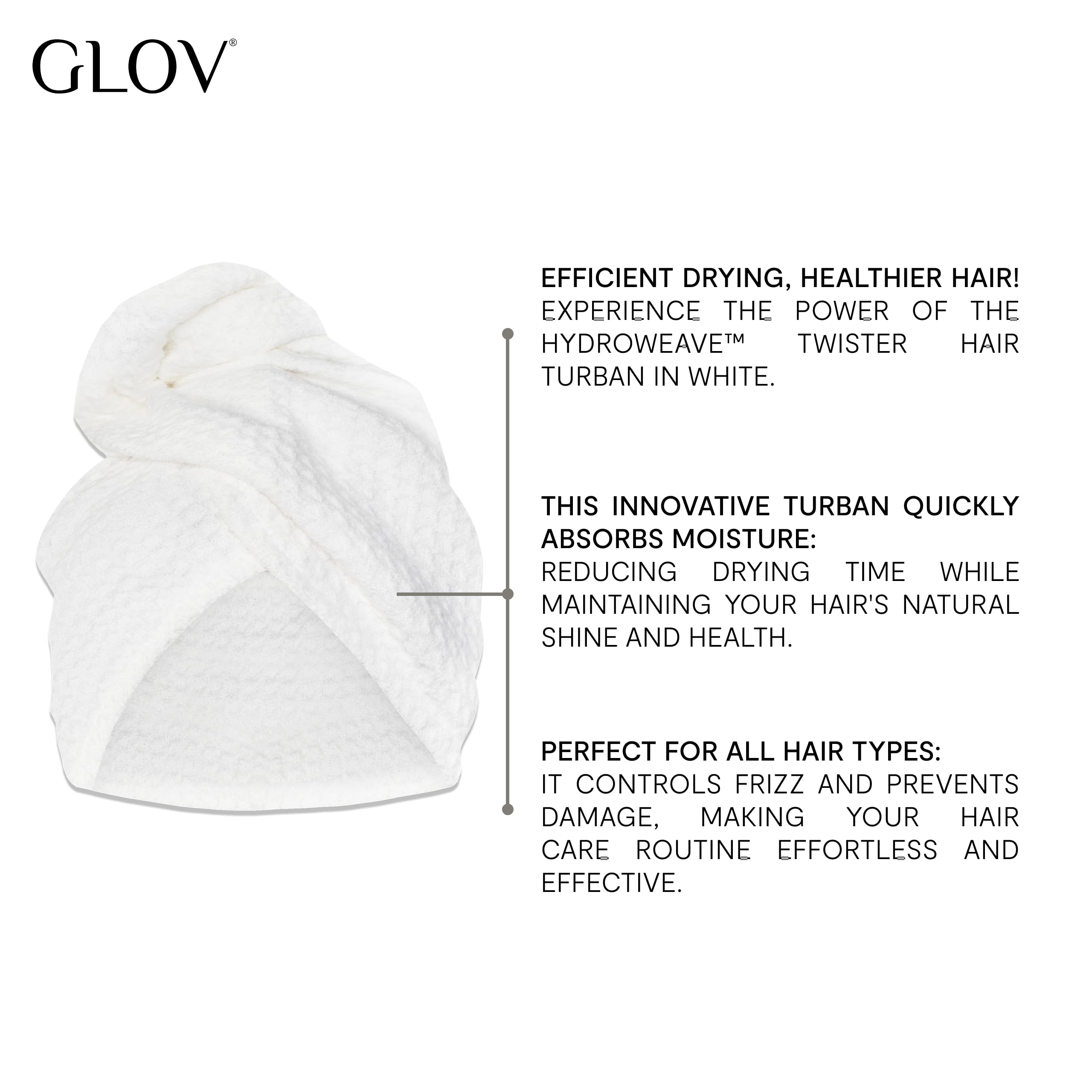 Glov Haarturban Hydroweave™ Twister Weiß Schnell Trocknend Feuchtigkeitsabsorbierend Frizz Reduzierend Elastisch Vielseitig für Alle Haartypen