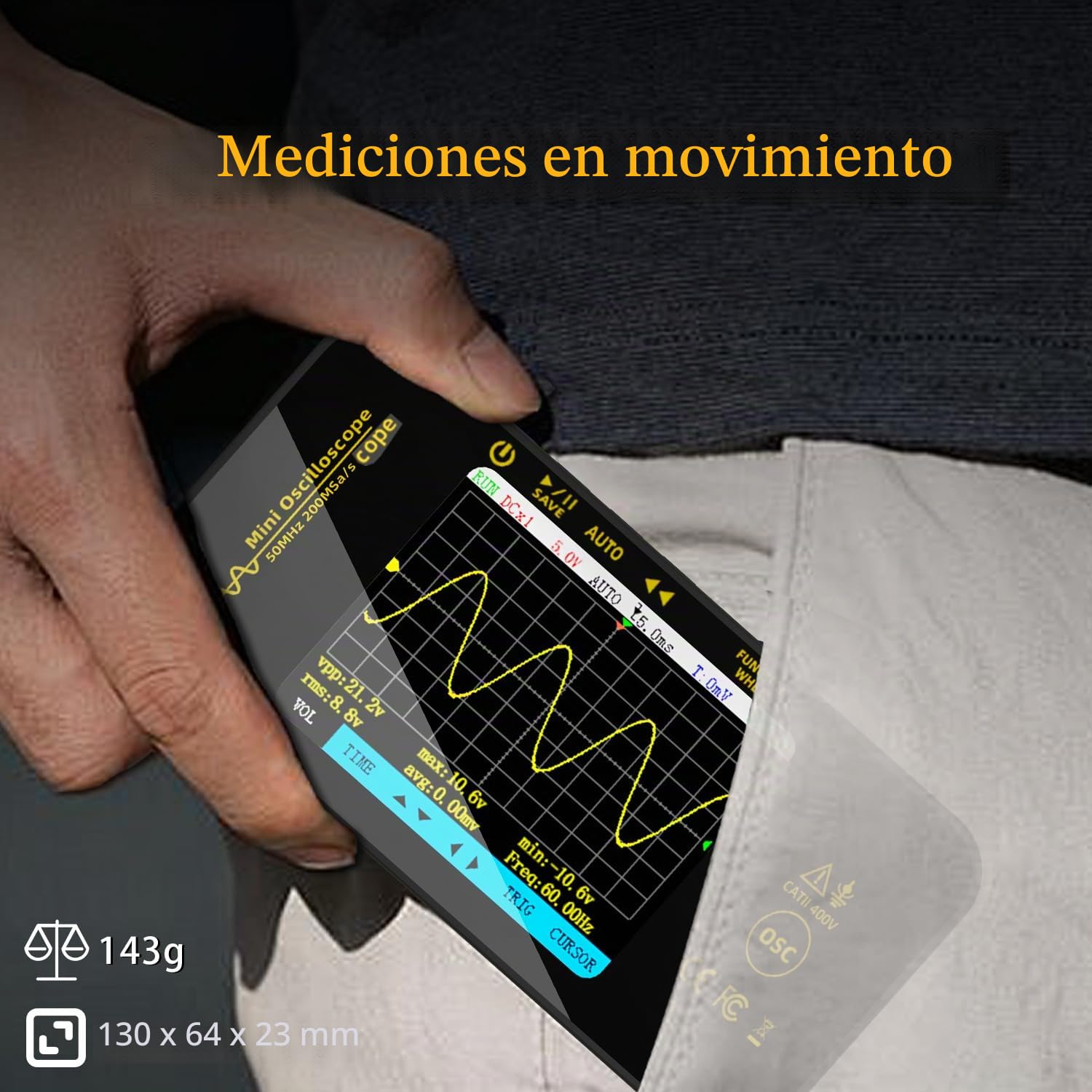 BSIDE OT5 Mini Osciloscopio Digital Portátil 50MHz Ancho de Banda 200MSa/s Osciloscopio de Bolsillo Recargable Ultraplano con LCD a Color 3,2'' y Vista Completa para Electrónica Audio Automoción