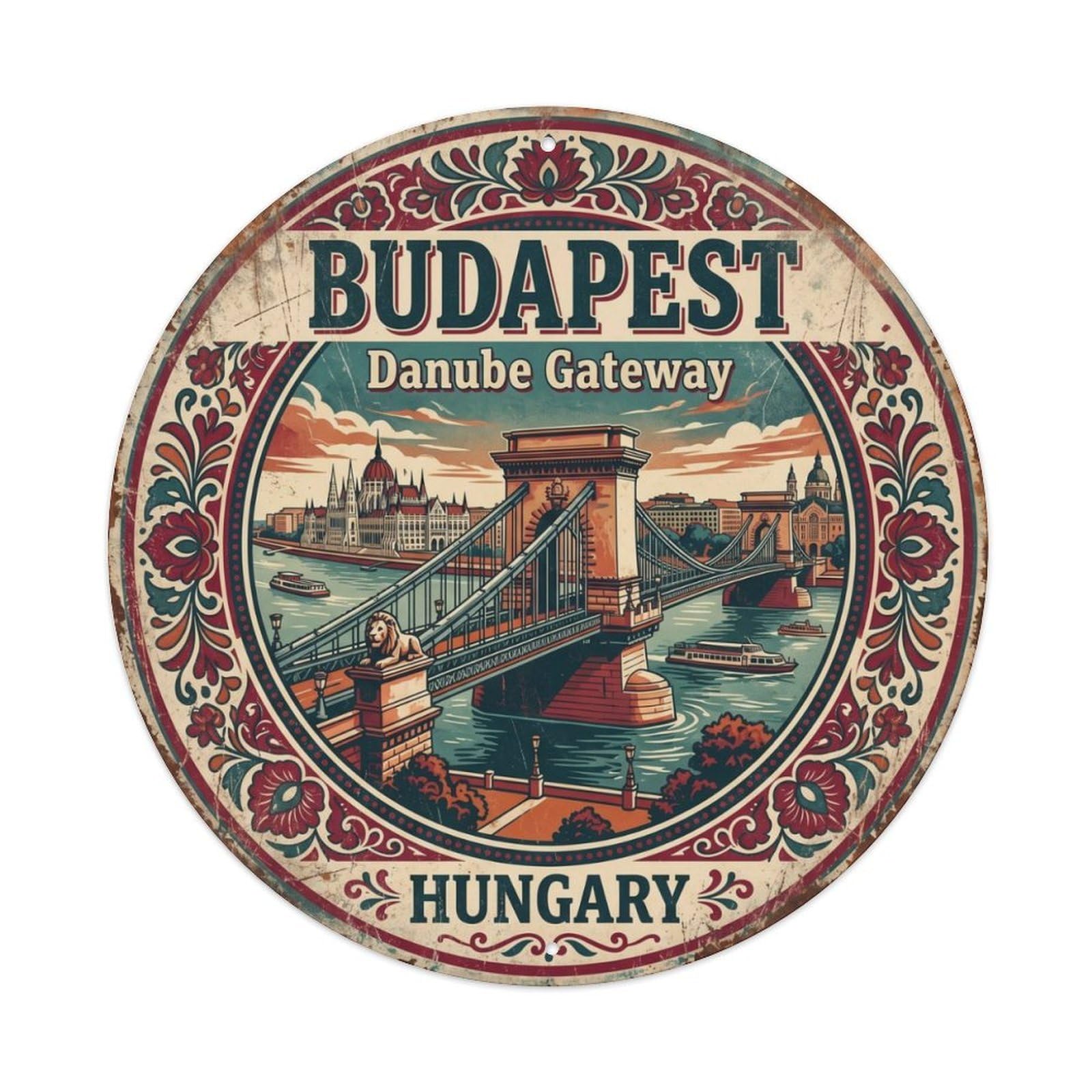 Vintage Travel Bridge Budapest Danube Metal Tin Sign Plaque Wall Decor for Cafe, Club, Garden Round Metal Poster 8x8Inch