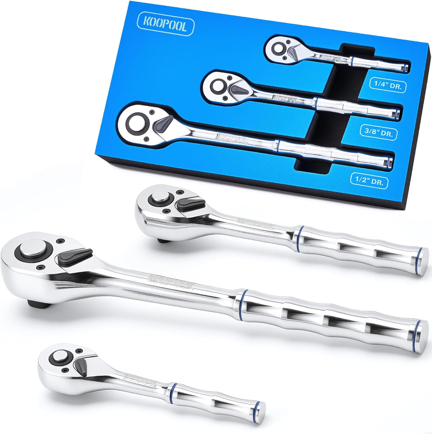 KOOPOOL 3-Piece Ratchet Set, 1/4", 3/8", 1/2" Drive Ratchet Wrench, 72-Tooth Quick Release Ratchets, Reversible Socket Wrench, Chrome Alloy Made