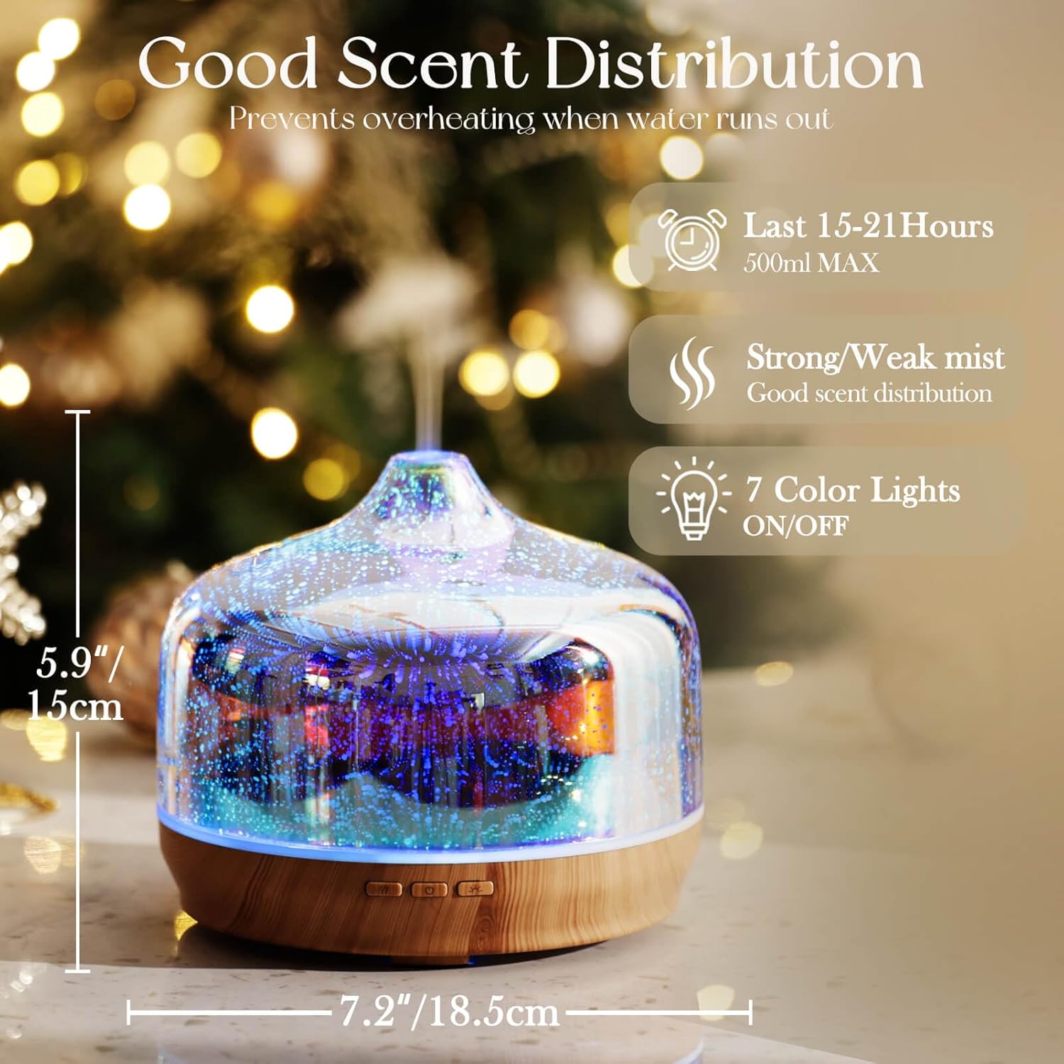 Porseme 500ml Glass Essential Oil Diffuser Aromatherapy Ultrasonic Cool Mist Humidifier 15-21 Running Hours Waterless Auto-Off Air Diffusers for Sleeping Yoga Working Spa(Silver)