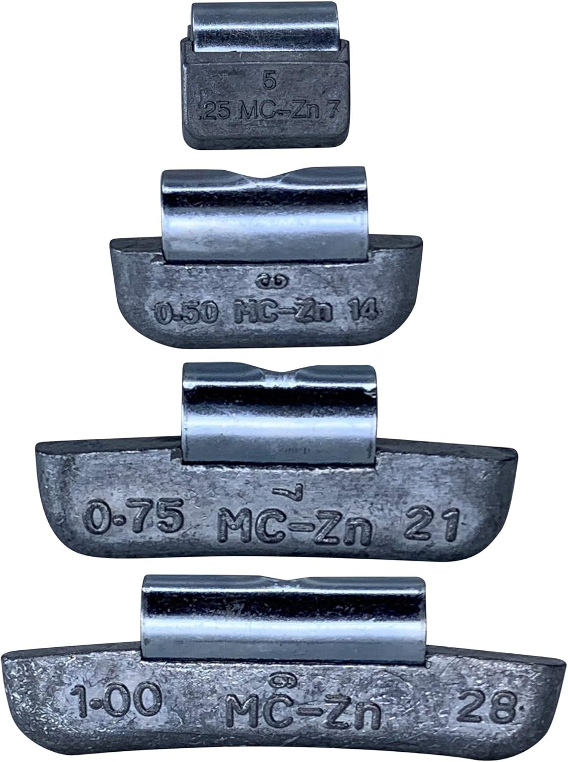 Gallardo Tire Products | 100 Pcs | MC Series | ZINC Clip ON Wheel Weights 25 .50 .75 1.0 (25 Each) for Aluminum Rims for Domestic Cars
