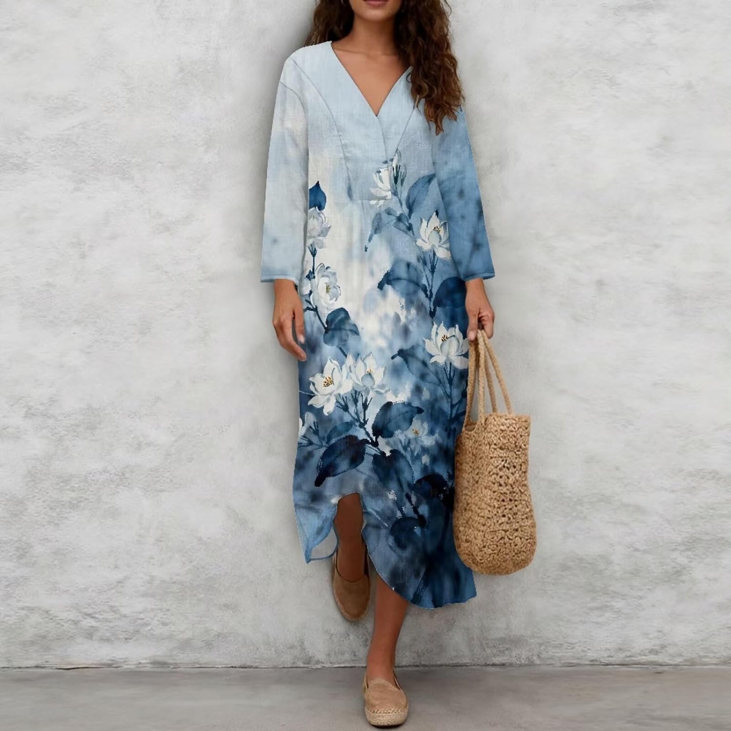 Linen-Like Dresses for Women,Casual Loose Dress,Summer Long Sleeve V-Neck Sundresses for Outings,Seaside Trips