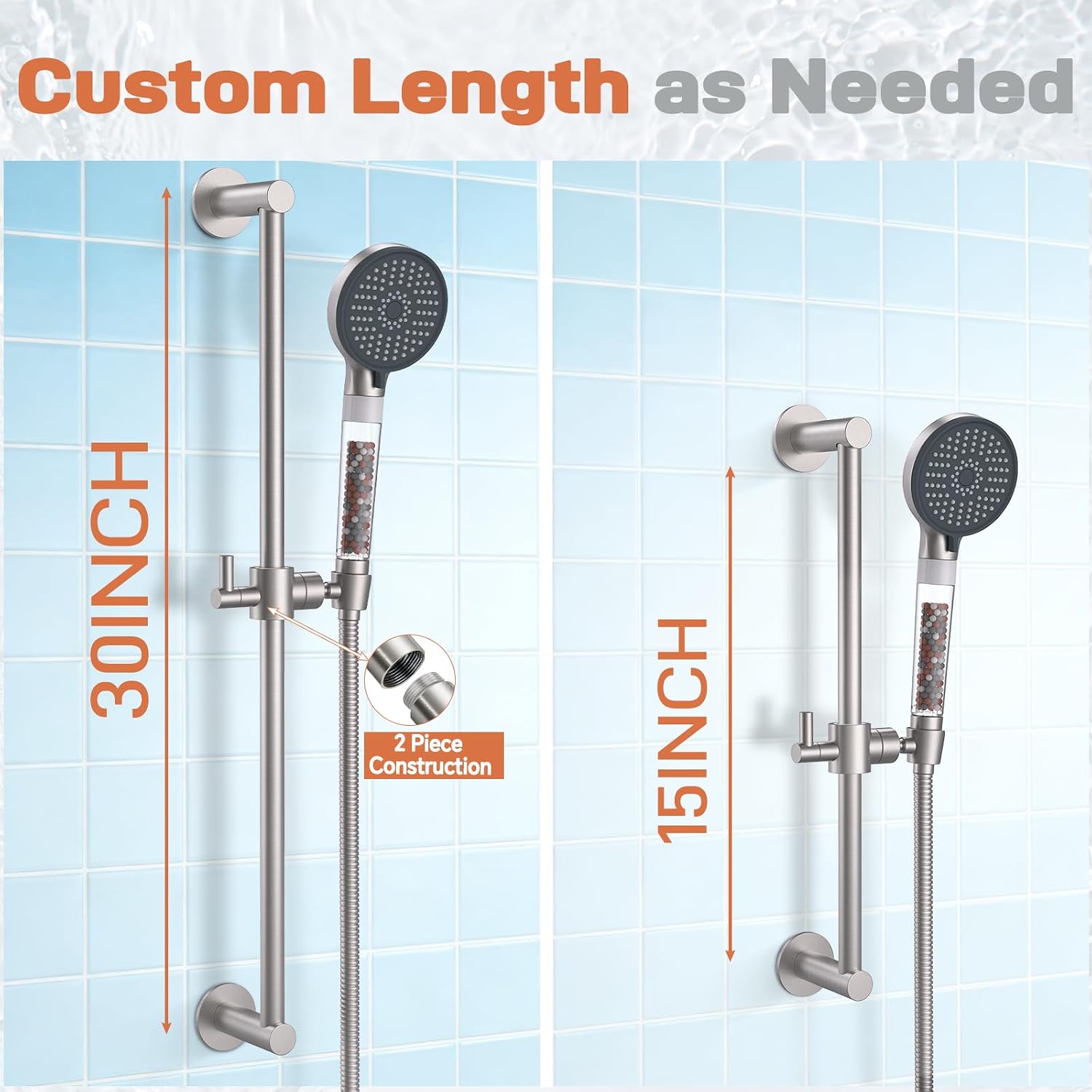 YDmeet Filtered Handheld Showerhead with 30-Inch Shower Slide Bar Set, 3-Mode Spray Setting, Long Metal Hose, Extra 6 Packs Replacement Mineral Balls for Refills, Brushed Nickel