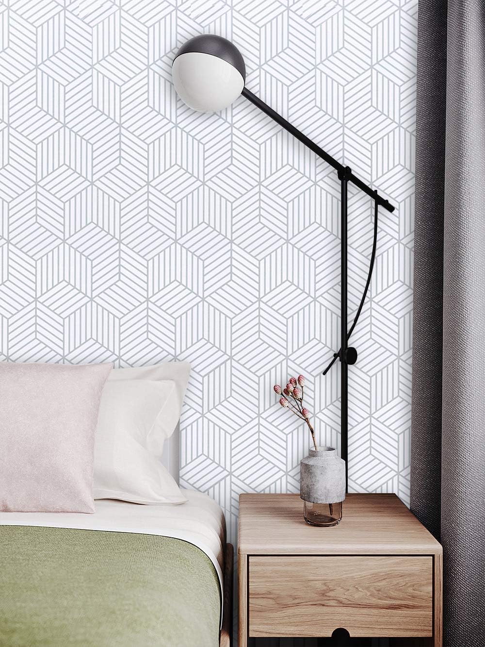 17.7"X394"Peel and Stick Wallpaper White and Silver Geometric Hexagon Stripped Wall Paper Removable Contact Paper Self Adhesive Wallpaper Decorative for Wallcovering Shelf Drawer Liner