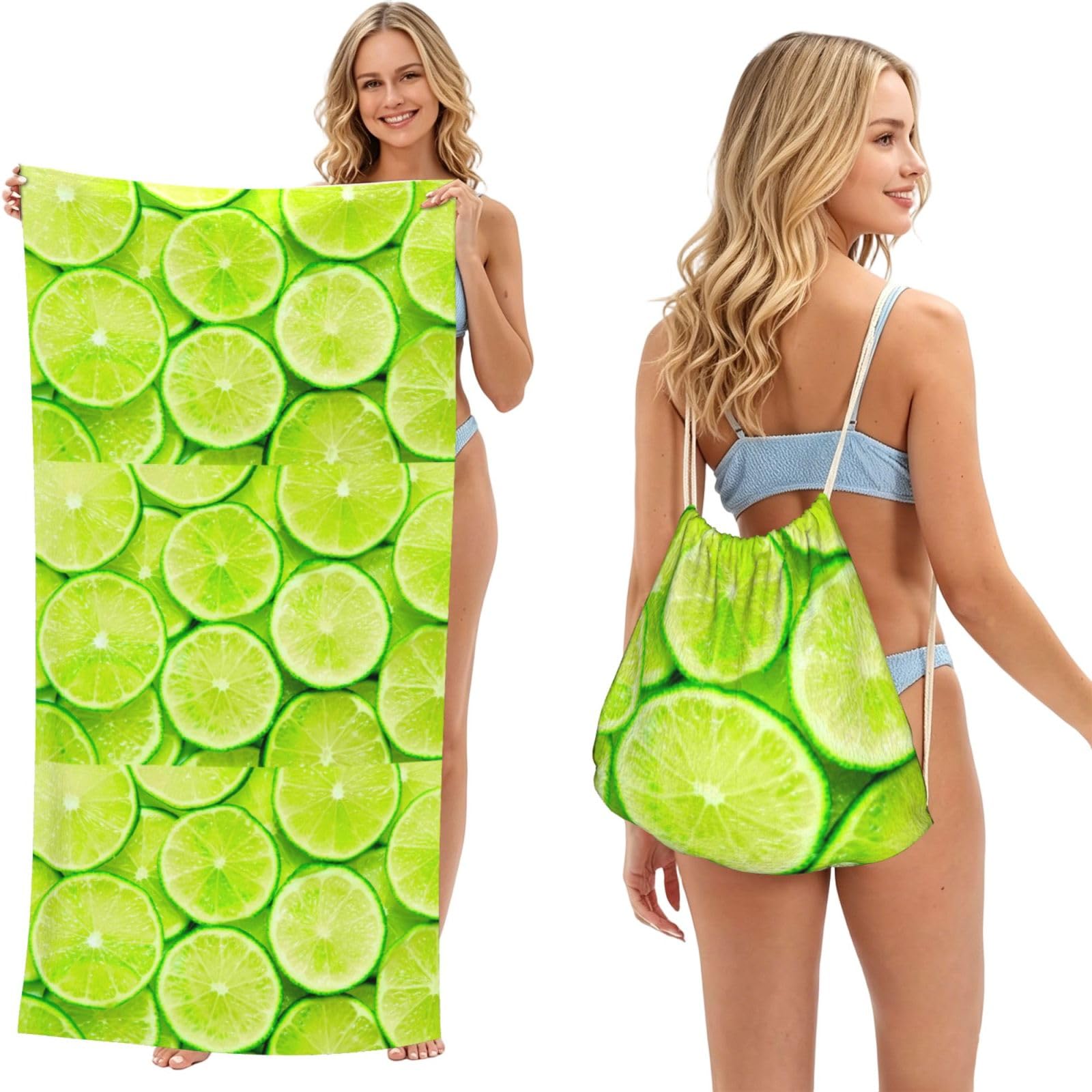 Poadnly As Picture Green Lemon, 2 In 1 Packable Towel Bag, Beach Towels With Drawstring Backpack For Travel Holiday Camping