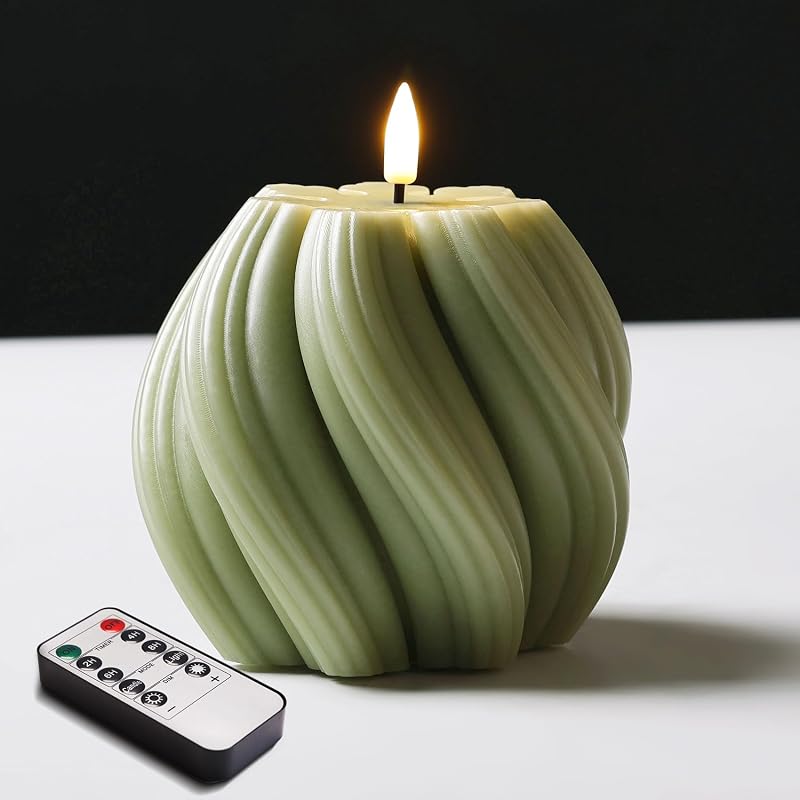 Sage Green Swirl Flameless Candle with Remote Timer
