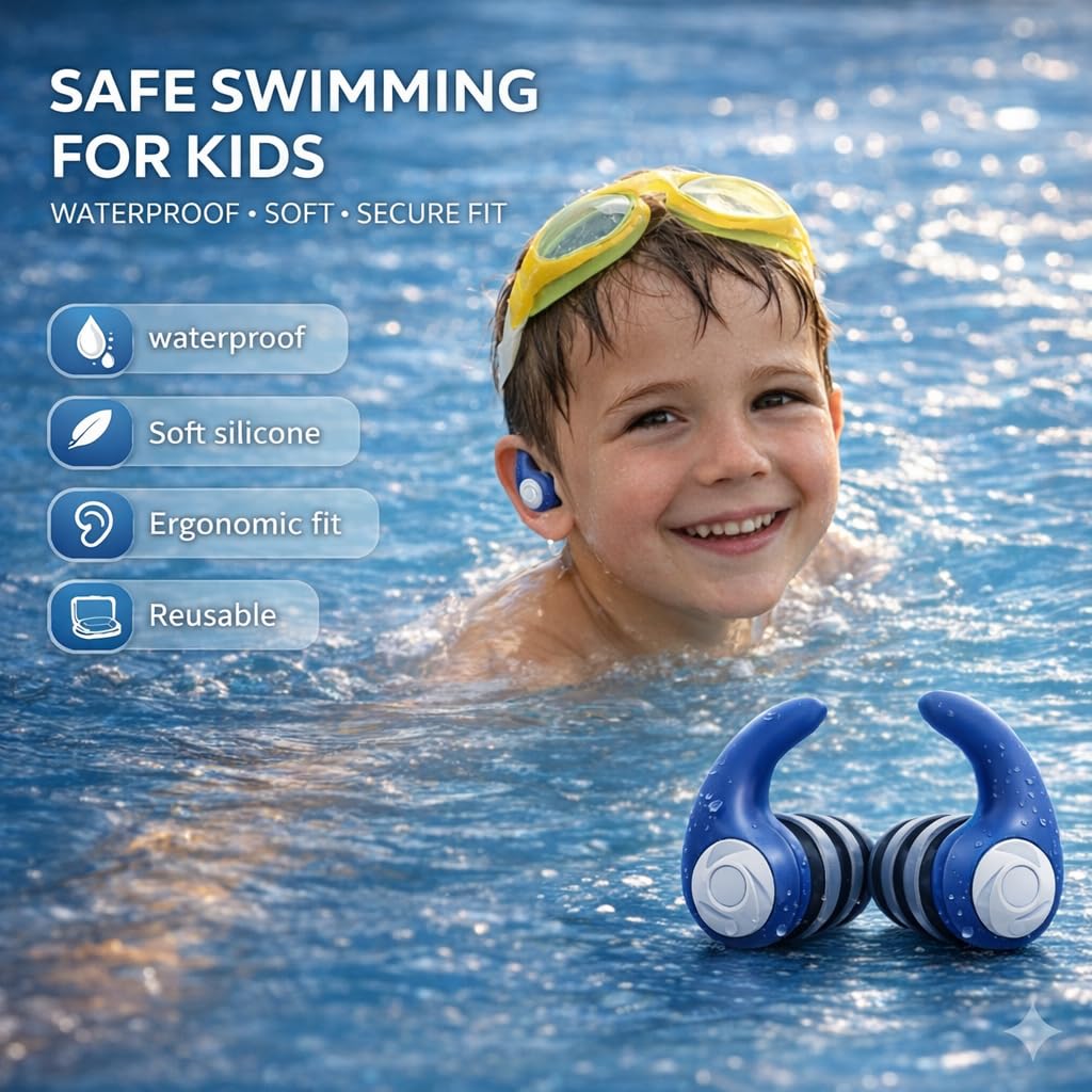 Bouchons d’Oreille Natation Enfant 4-12 Ans 3 Paires Silicone Étanche Cordon Amovible Réutilisables