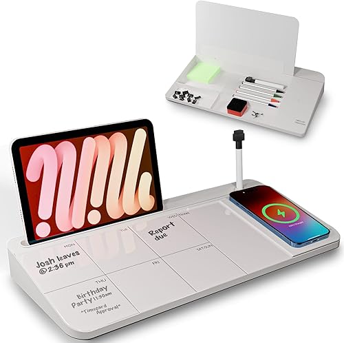 NEXTLUXE - Pizarra blanca de cristal con cargador inalámbrico, pizarra blanca de escritorio con almacenamiento, planificador semanal, almohadilla de