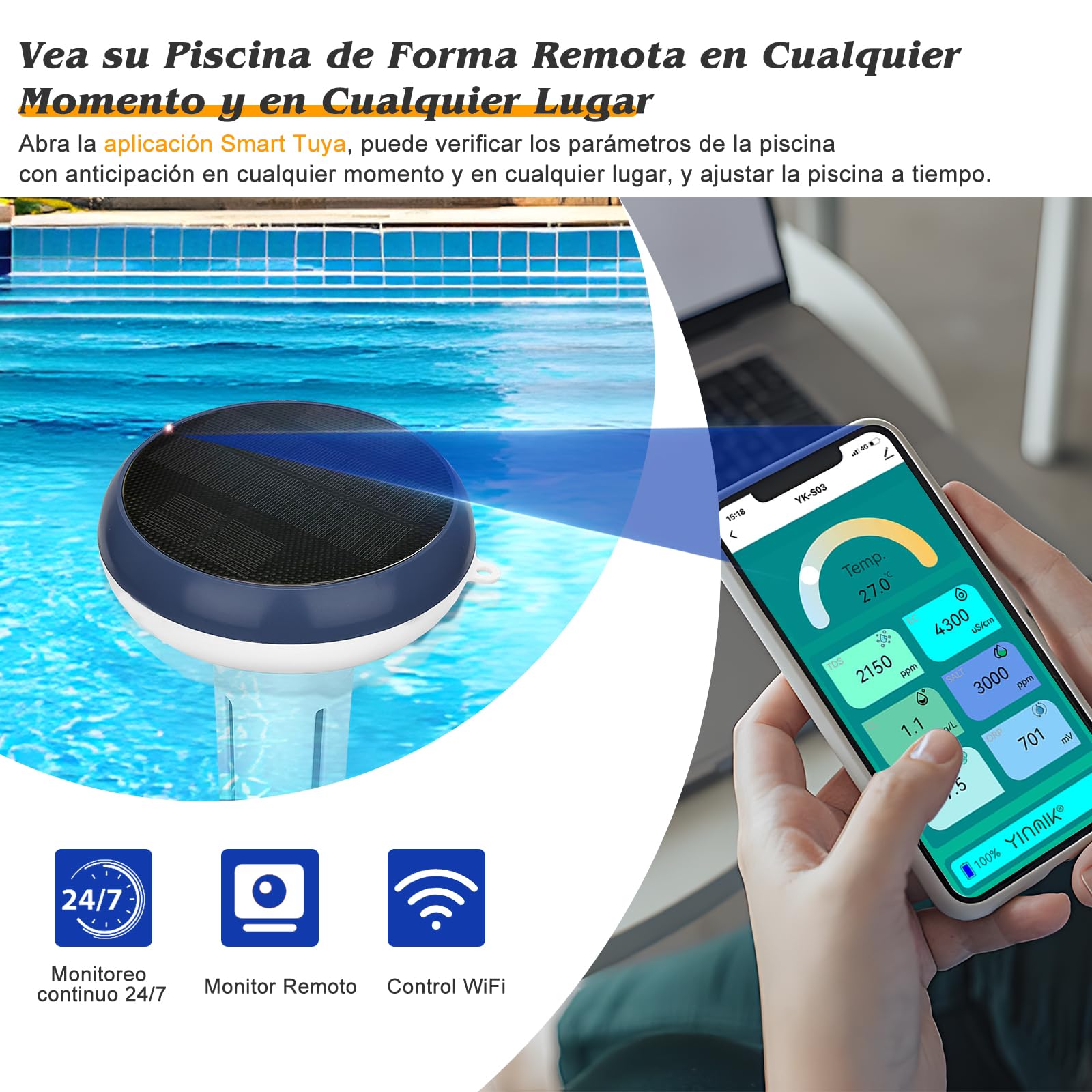 Medidor Cloro y pH Piscinas WiFi, Analizador Inteligente 7 en 1 Agua Piscina Salina, Mide pH, Cloro Residual, Sal, ORP, EC TDS, Temp con Carga Solar