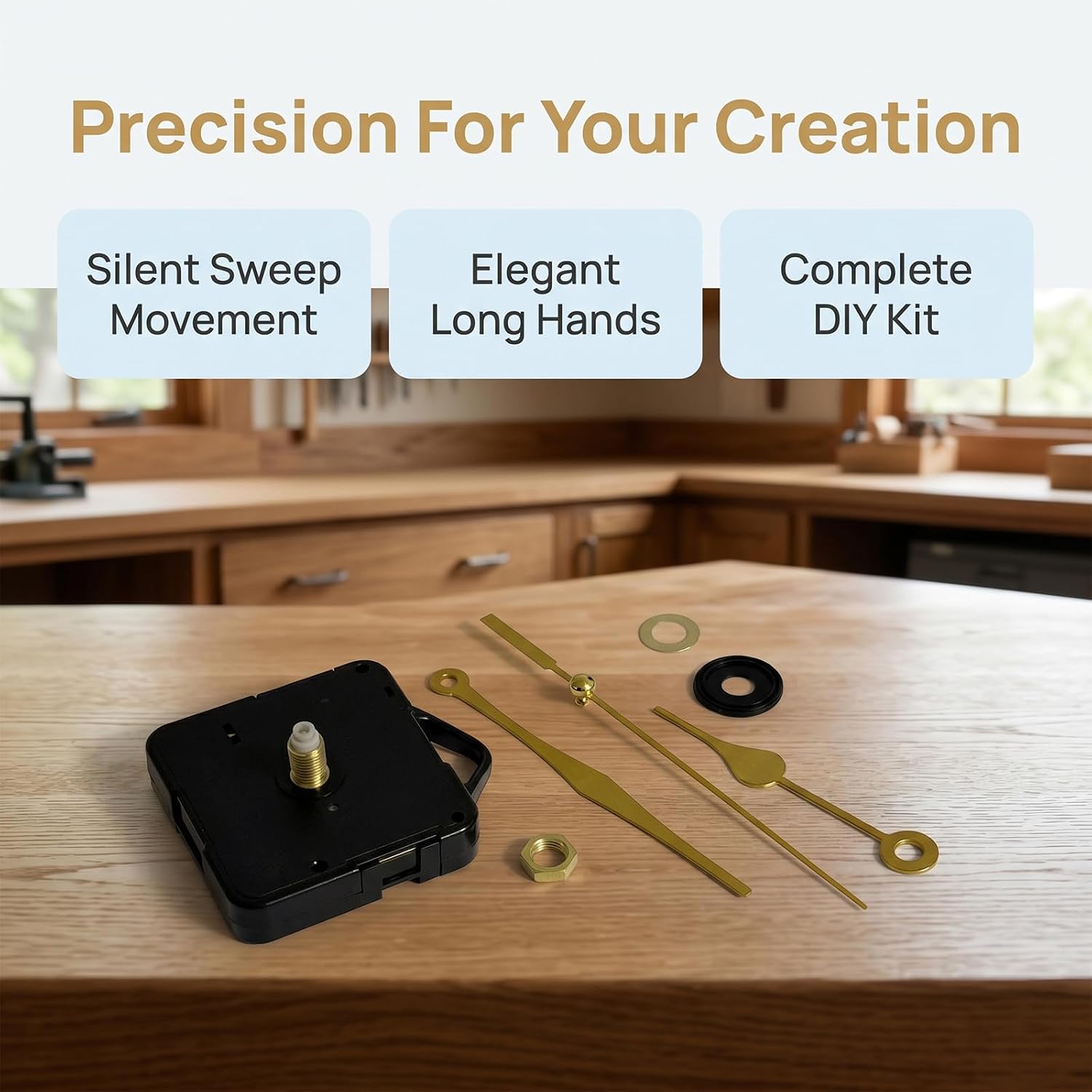 Quartz Clock Movement Replacement Kit with Gold-Tone Metal Hands, Silent Sweep Wall Clock Mechanism for DIY Repair, Fits 4-8mm Dial Thickness (Thread Length 15mm/0.59"), Battery Operated