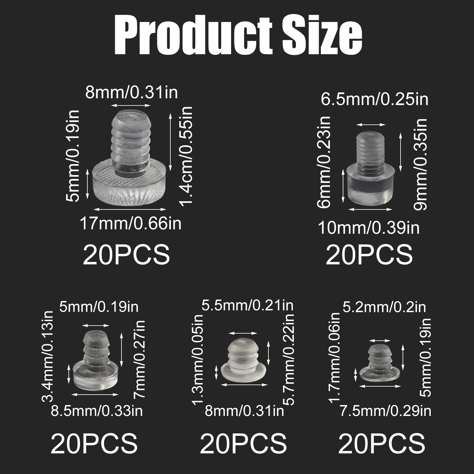 Set di 2 tappi e tappi trasparenti in silicone di dimensioni