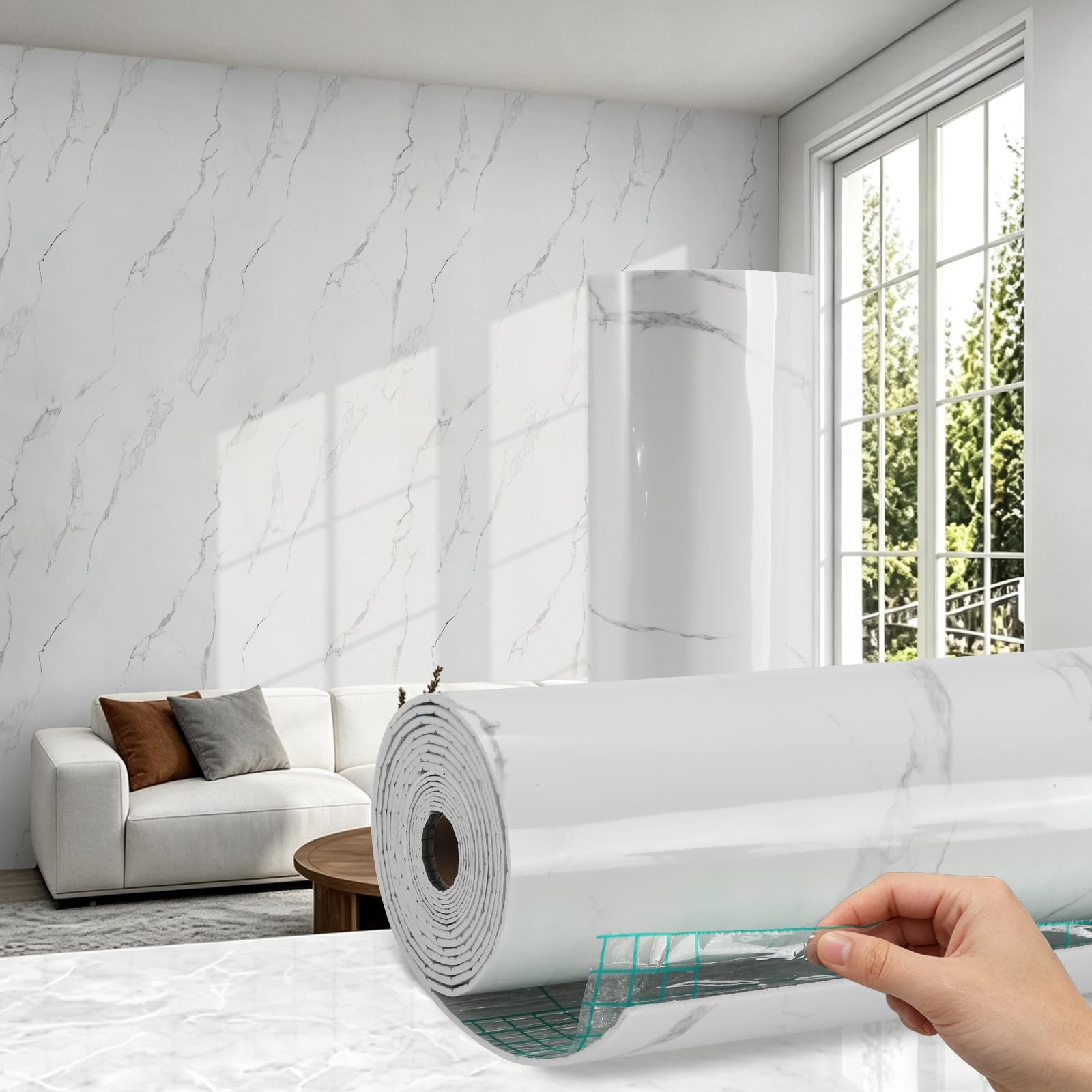 Trafagala 2 Roll Thick Self Adhesive Bathroom Wallpaper Waterproof White Marble Vinyl Wrap Damp Proof Foil Backed Anti Mould Wall Covering Thermal Wallpaper Peel and Stick to Cover Bad Walls Kitchen