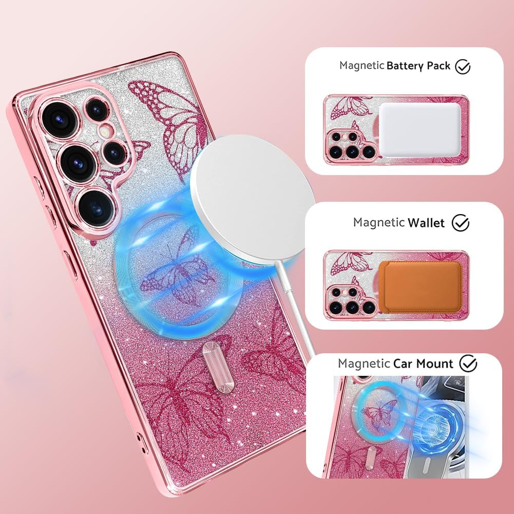 Case Fit for Samsung Galaxy S26 Ultra 6.9 Inch [Compatible with MagSafe] Glitter Bling Case [2 Pieces of Butterfly Design Insert] Soft TPU Shockproof Anti-Scratch Phone Cover for Women - Pink