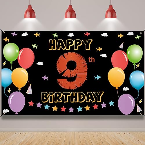 Cartel de fondo de 9º cumpleaños, decoraciones de feliz 9º cumpleaños para niñas y niños, cartel de cumpleaños de 9 años, colorido fondo de fiesta