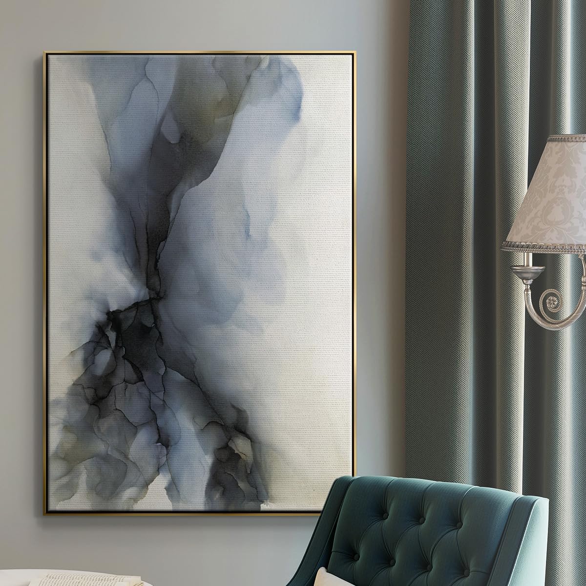 Renditions Gallery Canvas Nature Wall Art Paintings & Prints Soft Grey Tide Modern Watercolor Gold Floater Frame Wall Hanging Decorations for Bedroom Office Kitchen - 25"x37" LT544 image 3