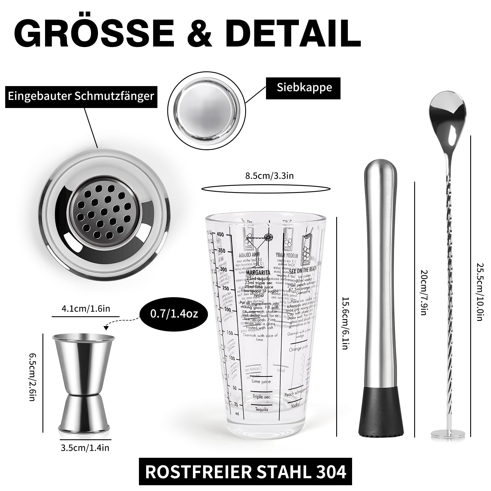 14oz Cocktail-Shaker-Set aus Glas, 4-teiliges Barkeeper-Set, Martini-Mixer-Shaker mit integriertem Sieb, Rührlöffel, Messbecher und Stößel, Bar-Werkzeugset für Anfänger (Silber)