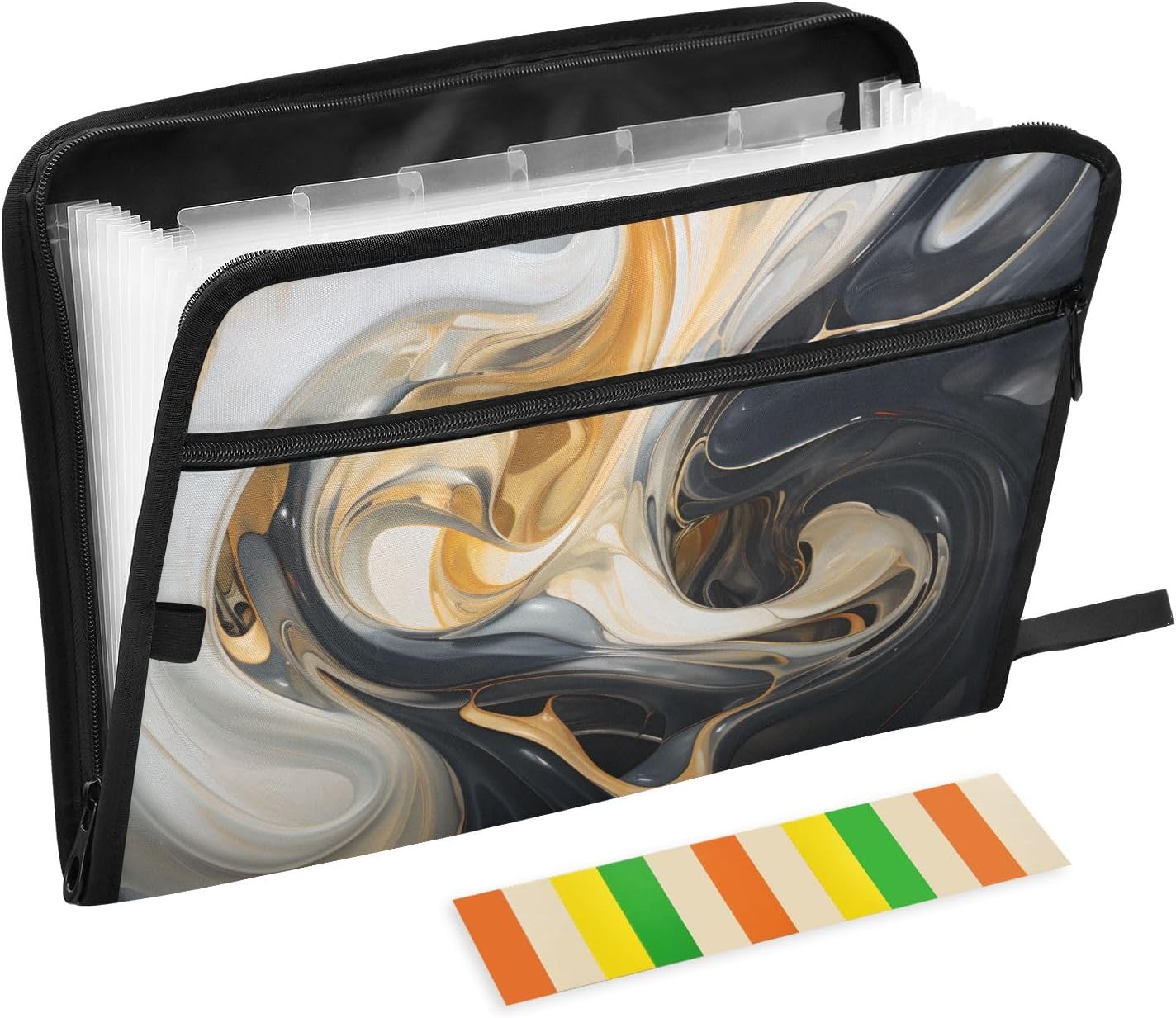 Black Tie-dye Expanding File Folder with Sticky Labels, 13 Pockets Accordion File Folder Document Organizer with Zipper Closure