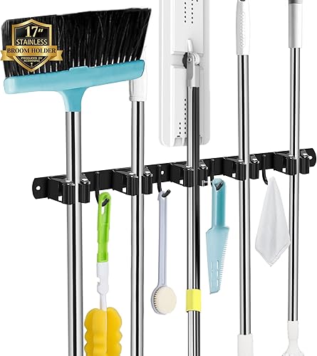 Miniatura 3 de 2 estantes y 3 ganchos y 5 estantes y 4 ganchos para escoba y trapeador montado en la pared, organizador de garaje, estantes de herramientas de