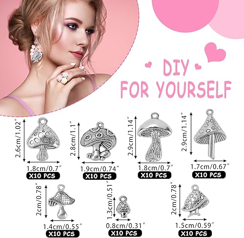 Miniatura 2 de Cuentas colgantes de hongo, 70 dijes de aleación de hongos plateados, suministros para manualidades, dijes para joyas y manualidades