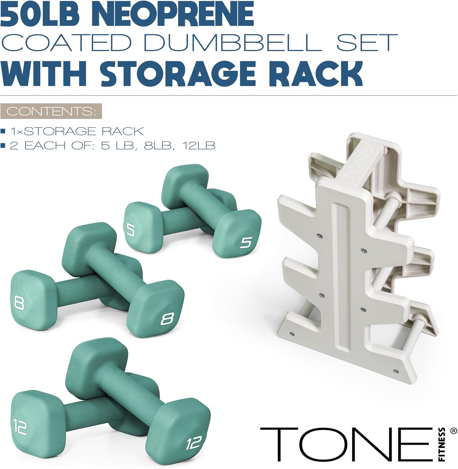 Tone Fitness Neoprene Dumbbell Set with Storage Rack – Non-Slip, Anti-Roll Hand Weights for Home Gym Workouts | 20 lb, 32 lb, 50 lb, 60 lb & 100 lb Options