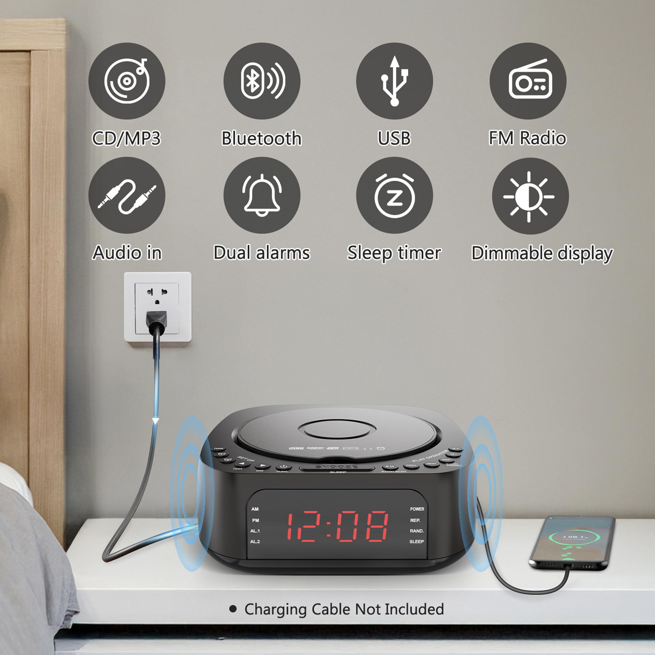 KUEPHOM CD Player Alarm Clock with Remote:CD/MP3,Bluetooth,FM Radio with Speakers,USB Charger and Dimmable Display for Bedroom-Dual Alarm with Optional Sound Suitable for Heavy/Light Sleeper