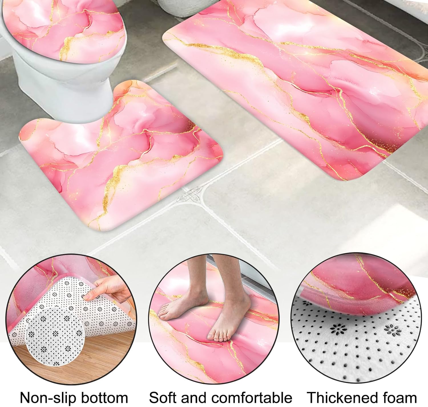 Lnond 4Pcs Bathroom Sets with Shower Curtain and Rugs, Pink Gold Marble Modern Art Shower Curtain Sets with Rugs and Accessories
