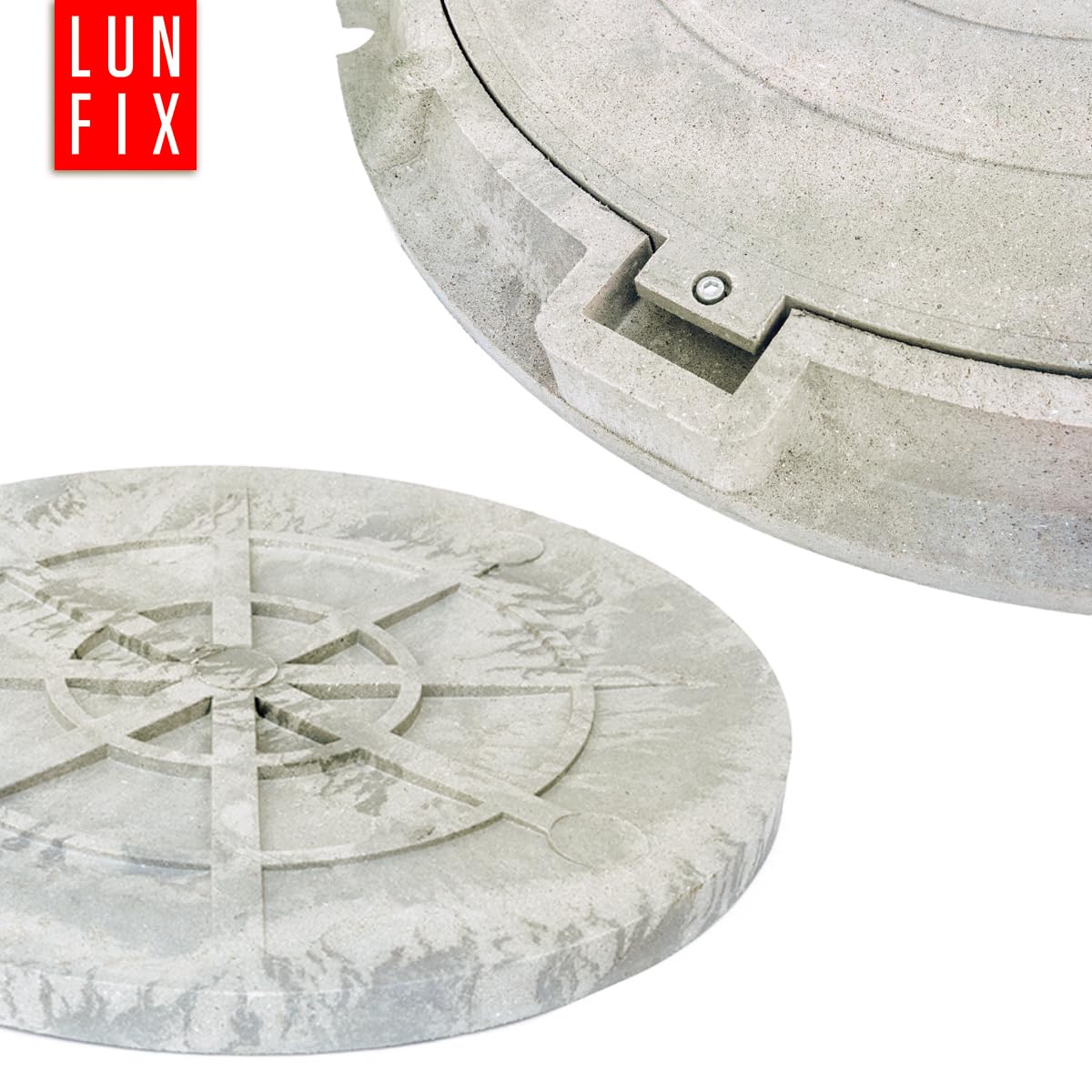 Tapa de arqueta redonda DN 600 mm gris claro clase A15 1,5t, Lun Fix | Polímero-sand resistente, tornillos antimanipulación, cubierta de registro para pozo de drenaje