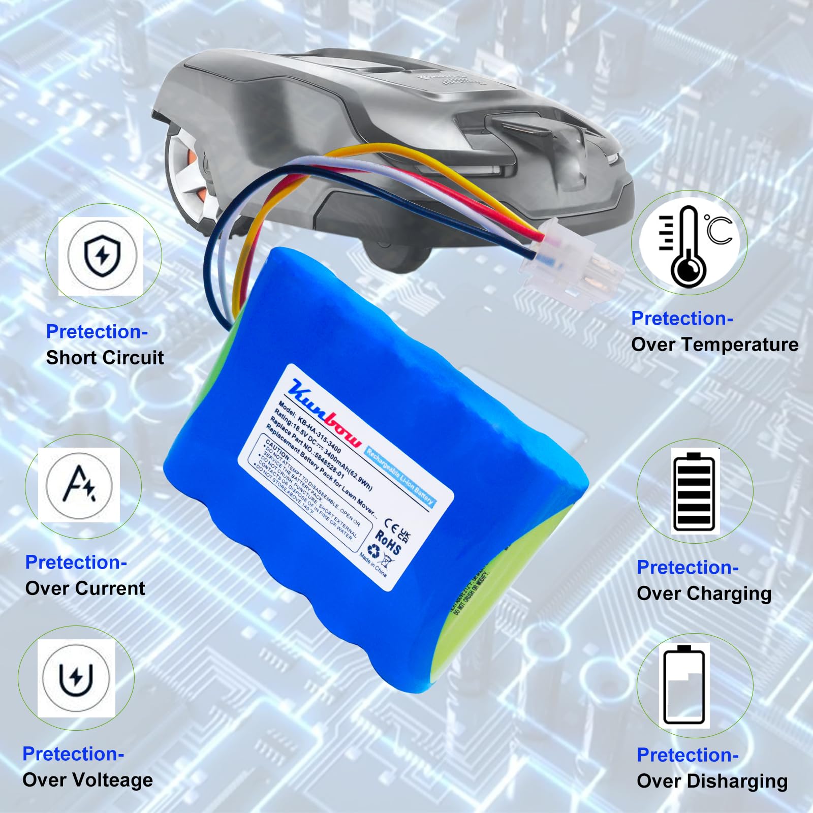 Batteria di ricambio per robot tosaerba Husqvarna Automower 310, 315, 5848228-01, 5848228-02,5848528-01, 5895862-01, compatibile con Gardena Sileno R100Li,R130Li,R160Li Robot da prato. (18,5