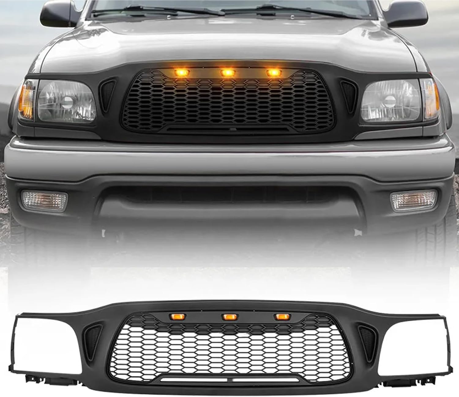 Front Grill Replacement Compatible with 2016-2023 Tacoma SR, SR5, TRD Off-Road, TRD Sport Extended Cab & Crew Cab Pickup 4 Door, ABS Grille with 4 LED Lights, Sensor Cover & Letters, Matte Black