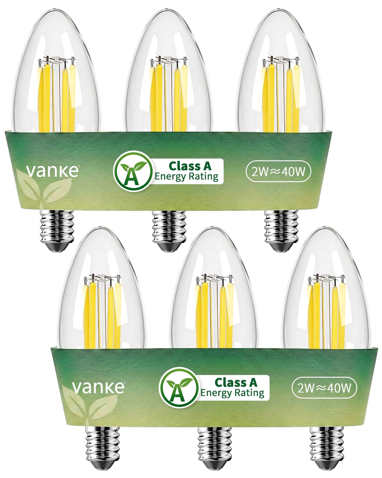 Vanke E14 LED Light Bulb, A Energy Class, SES Candle Bulb, Warm White 2700K, 2W (40 W Equivalent), 500 Lumen, Small Edison Screw Light Bulbs, 50000H Lifespan, Non-Dimmable, Pack of 6
