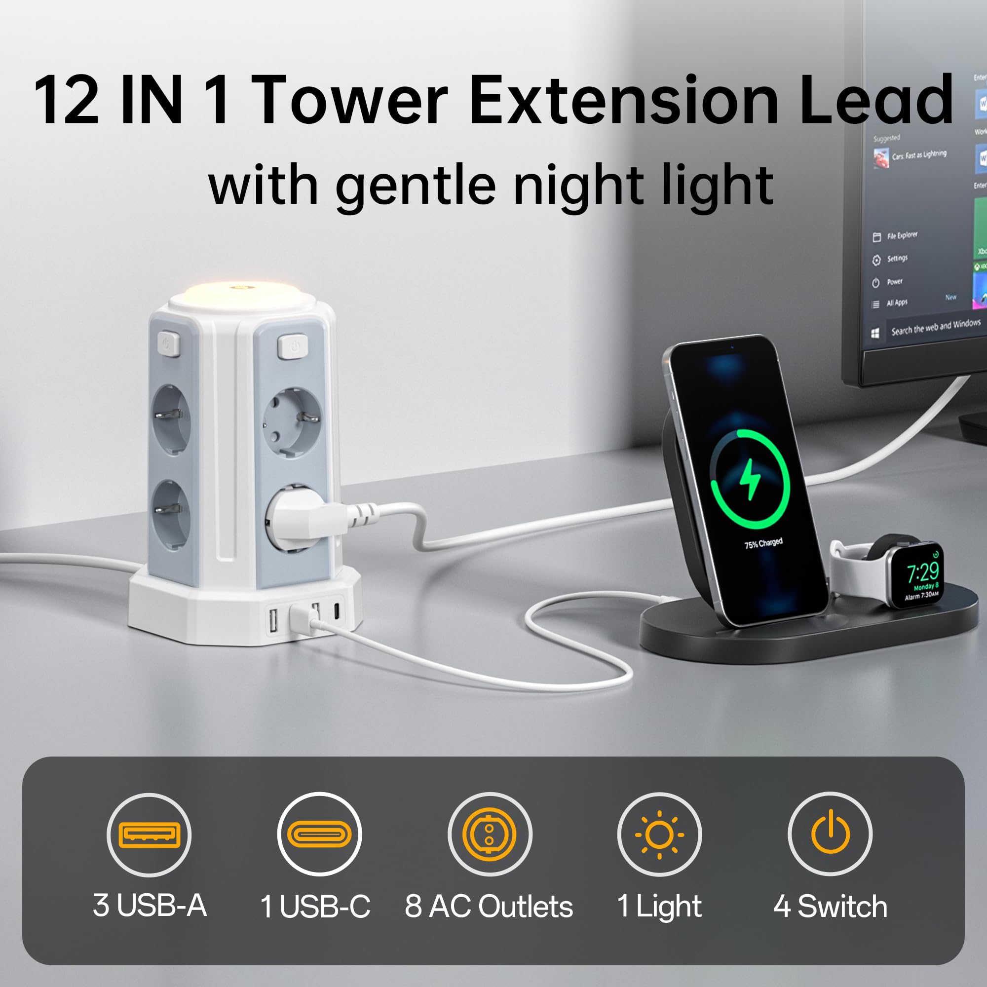 12 en 1 Multiprise avec Interrupteur (3600W/16A), 3M Tour Multiprise with 4 USB Ports and 8 Sockets, avec Lumière pour Le Bureau et la Maison