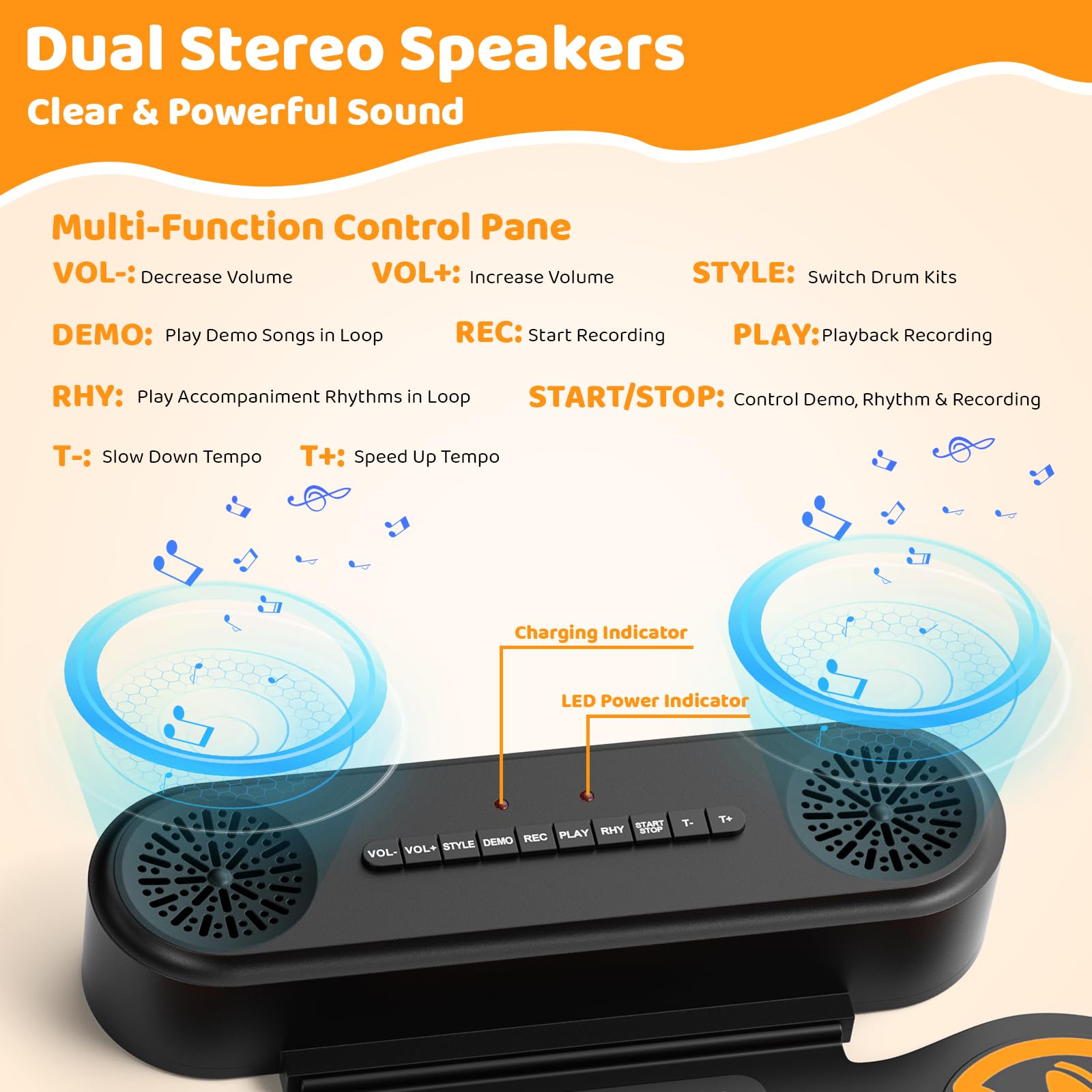 Schlagzeug Elektronisch Kinder, 9-Pad Elektronisches Schlagzeug Set, E-Drum Set mit 2 Pedalen, Dual-Lautsprecher & Sticks, Kopfhörer/Bluetooth/MIDI Unterstützung, Geschenk für Kinder & Anfänger