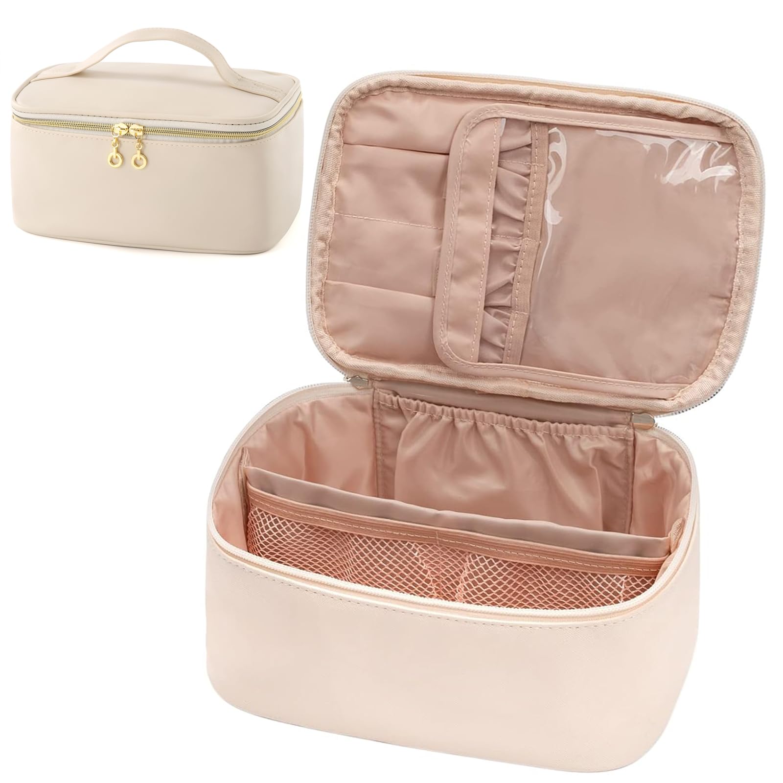 KITENROM Extral Large Makeup Bag Portable Cosmetic Bags for Women Zipper Pouch for Purse Make Up Case with Detachable Divider Toiletry Organization Waterproof Beige