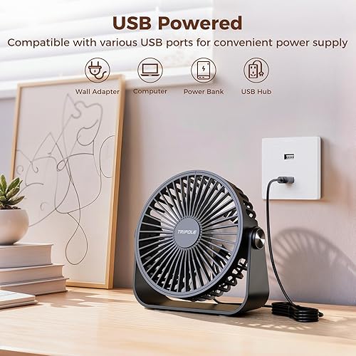 Miniatura 4 de TriPole USB Desk Fan Portable Mini Fan Powerful 3 Speeds Wind Personal Desktop Fan with 360° Head Rotation for Home Office Car Indoor Outdoor Black,